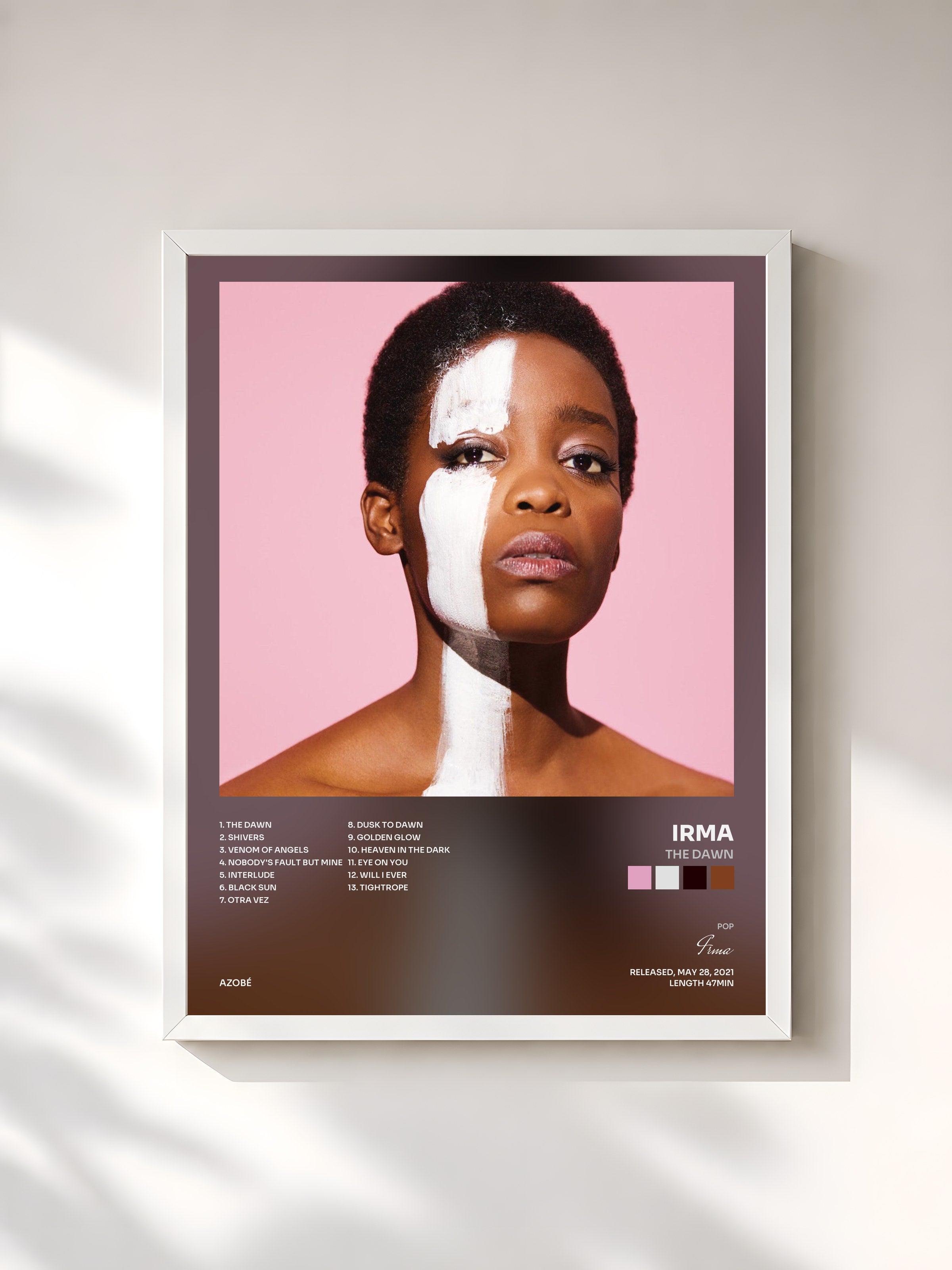 #blanc Tableau de l'album The Dawn de Irma, cadre blanc, imprimé et encadré en France