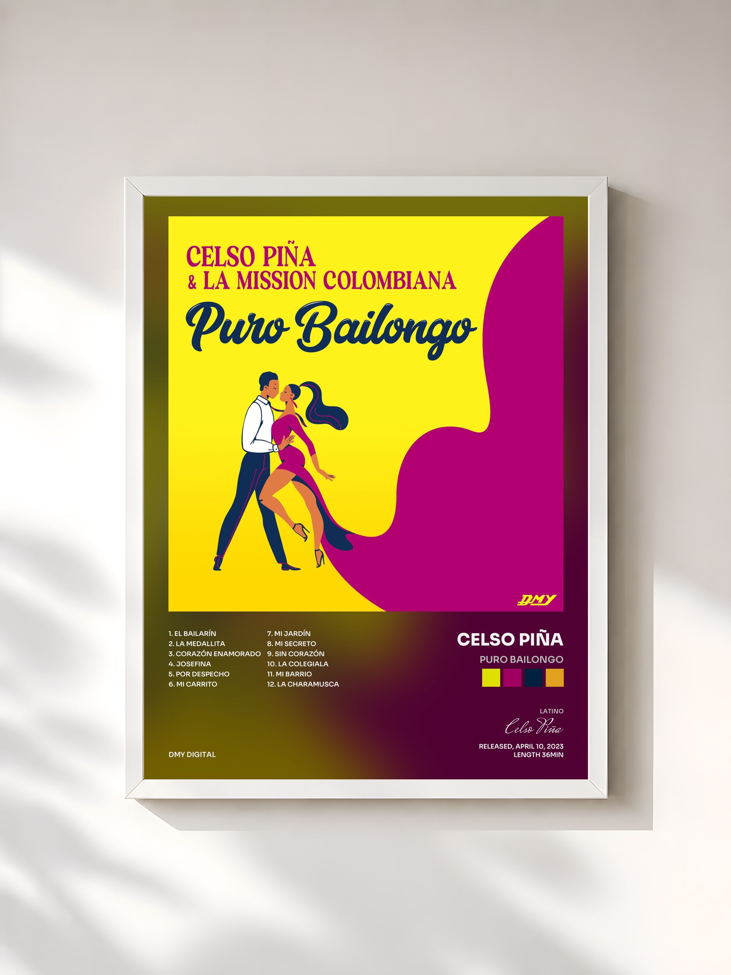 #blanc Tableau de l'album Puro Bailongo de Celso Piña, cadre blanc, imprimé et encadré en France