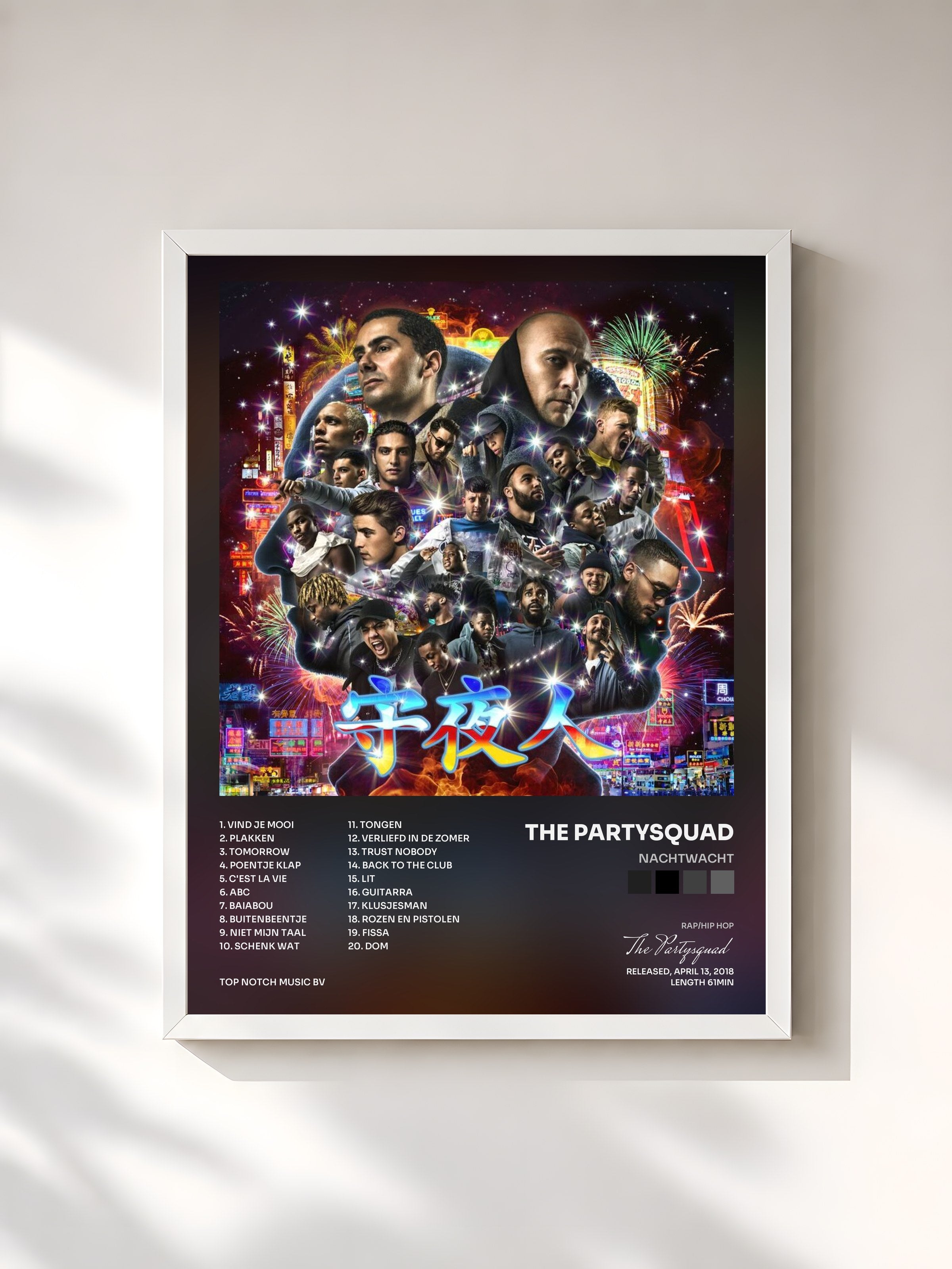 #blanc Tableau de l'album Nachtwacht de The Partysquad, cadre blanc, imprimé et encadré en France