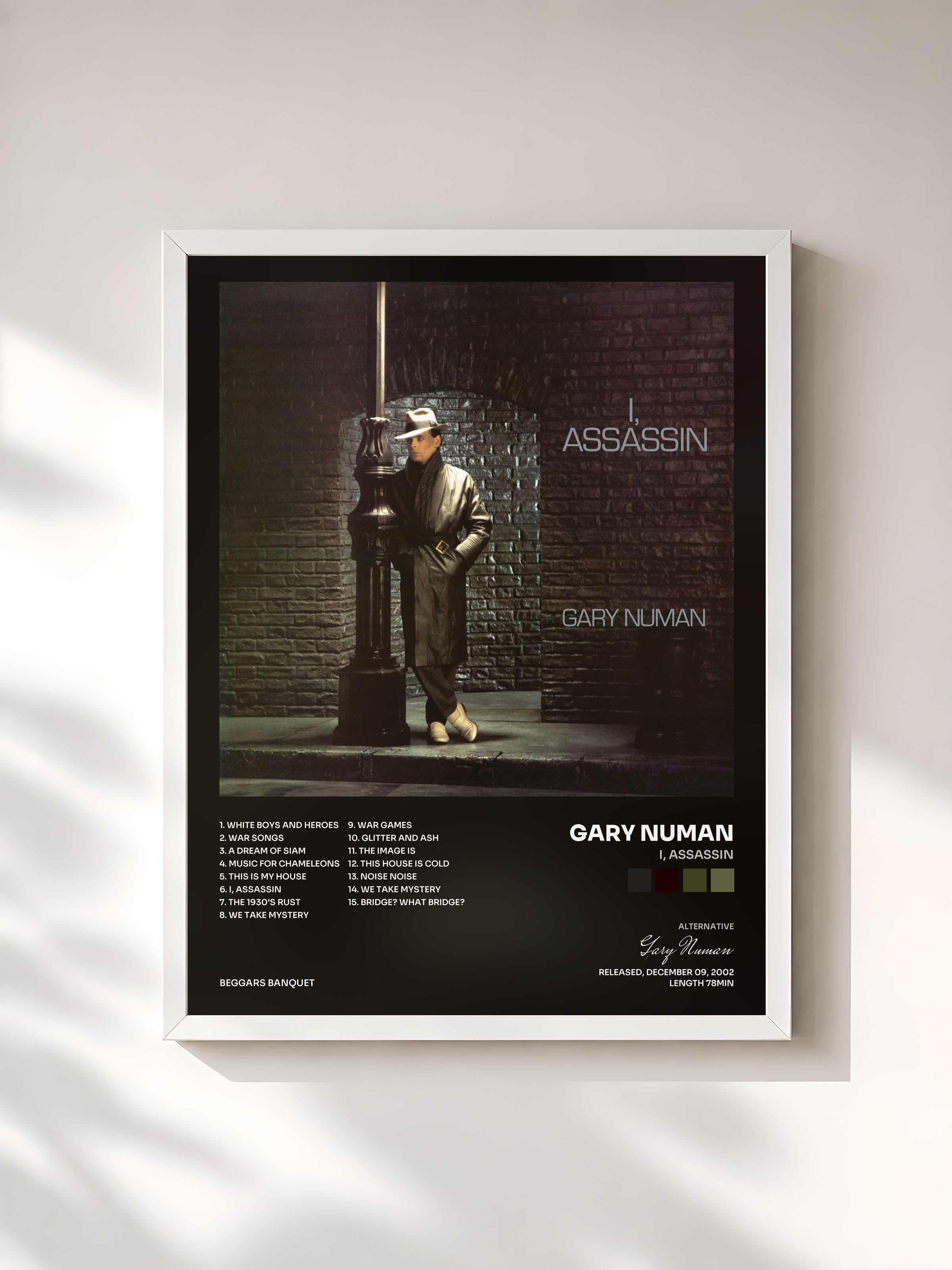 #blanc Tableau de l'album I, Assassin de Gary Numan, cadre blanc, imprimé et encadré en France
