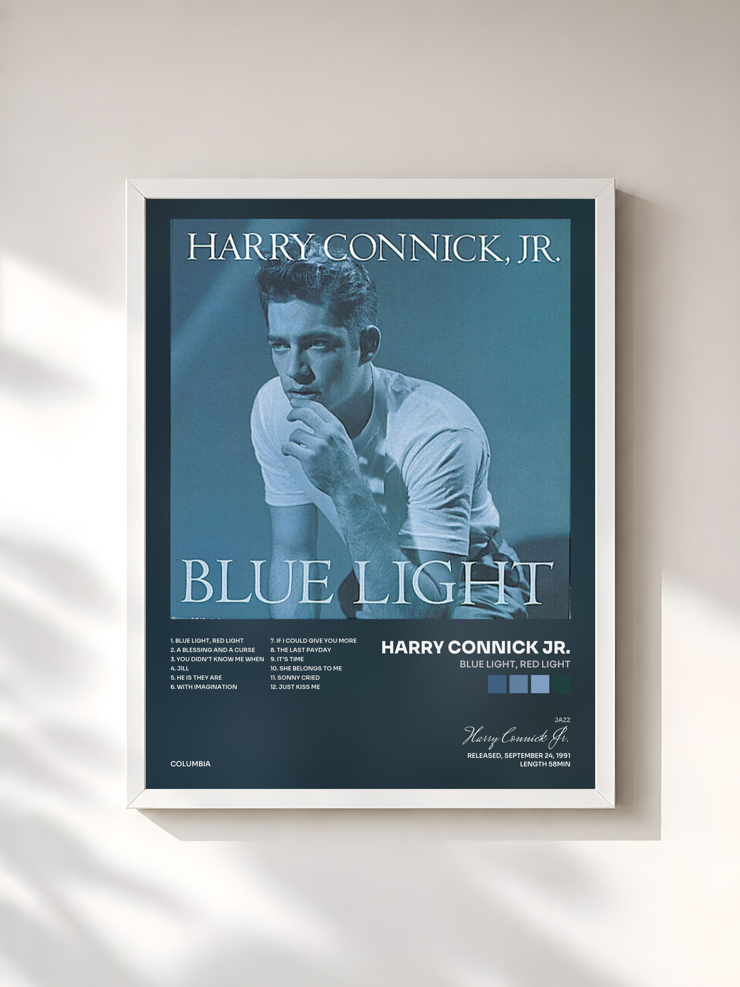 #blanc Tableau de l'album Blue Light, Red Light de Harry Connick Jr., cadre blanc, imprimé et encadré en France