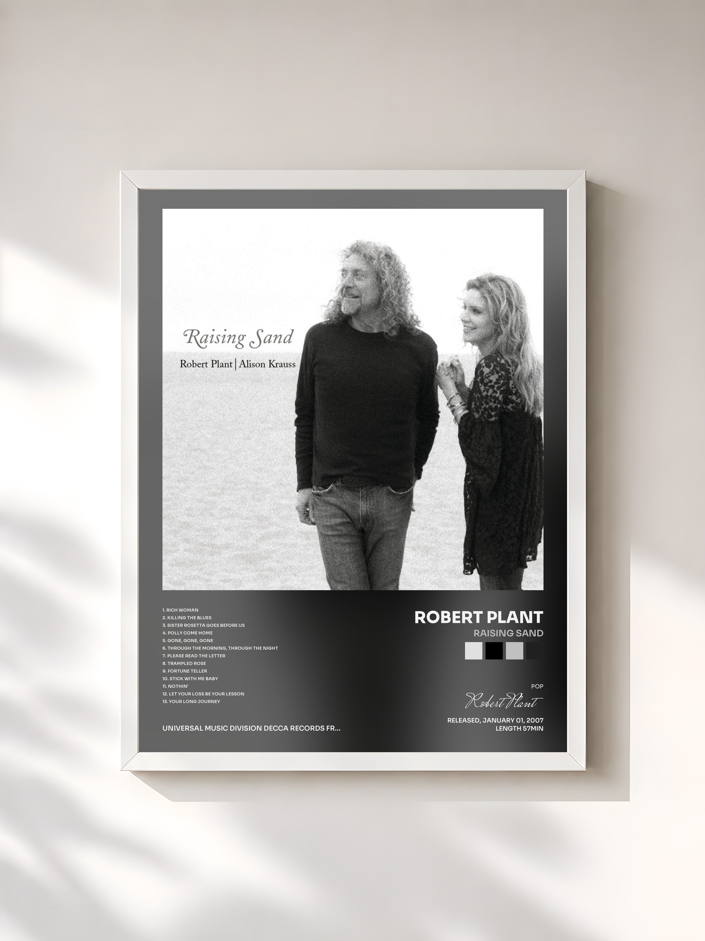 #blanc Tableau de l'album Raising Sand de Robert Plant, cadre blanc, imprimé et encadré en France