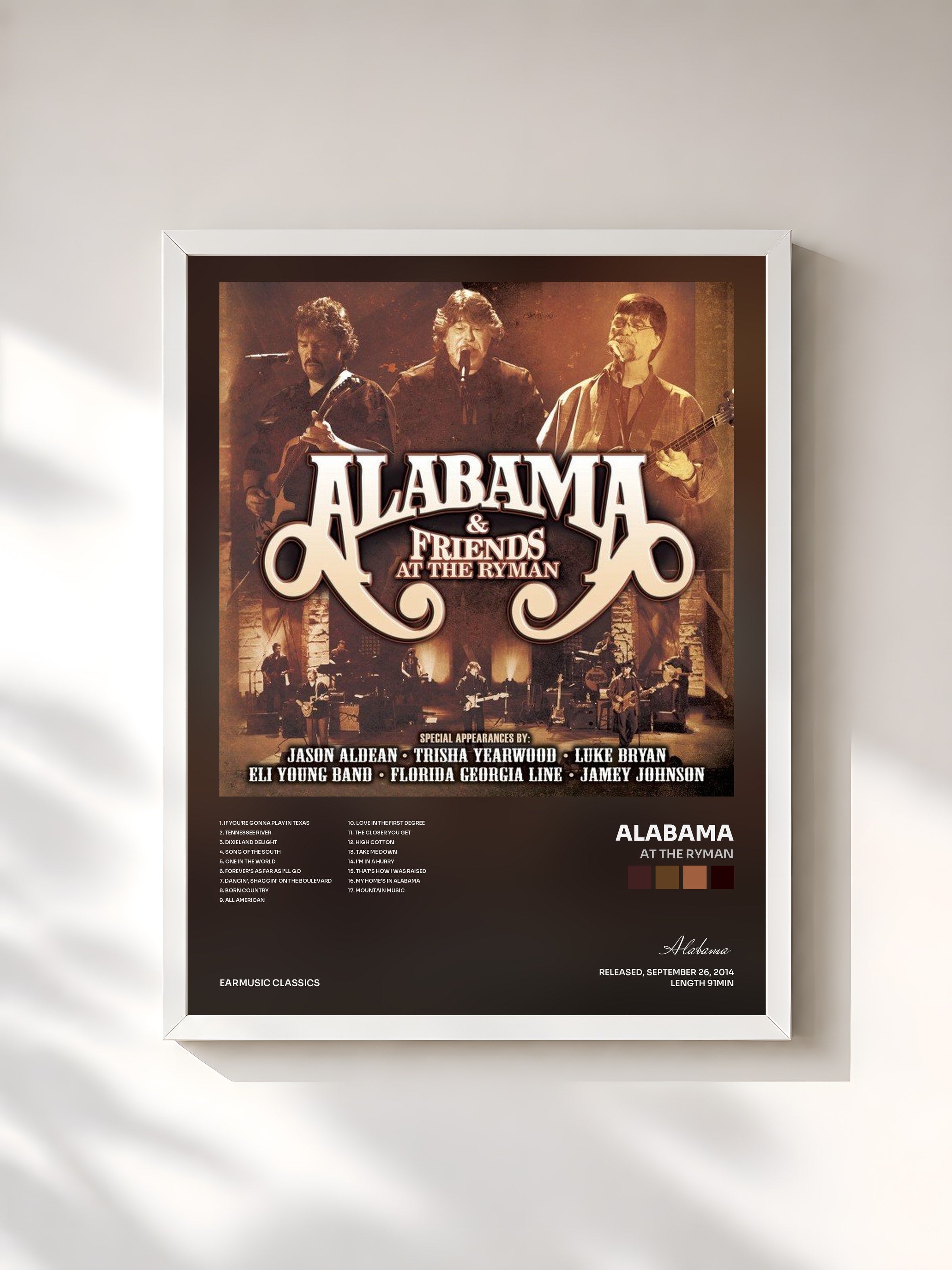 #blanc Tableau de l'album At the Ryman de Alabama, cadre blanc, imprimé et encadré en France