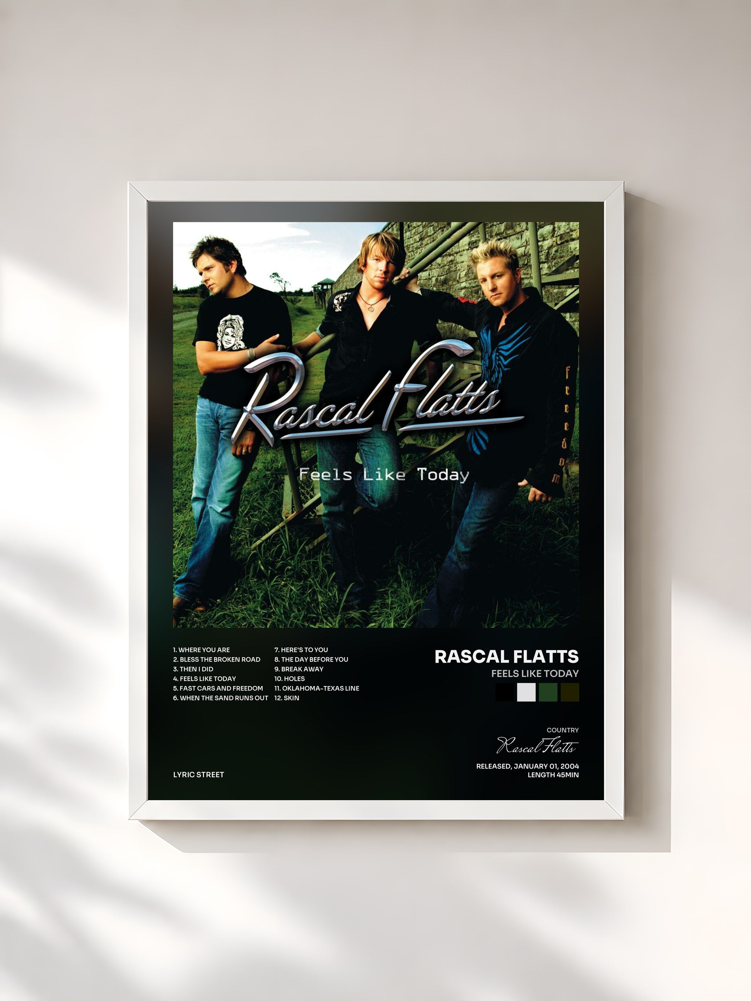 #blanc Tableau de l'album Feels Like Today de Rascal Flatts, cadre blanc, imprimé et encadré en France