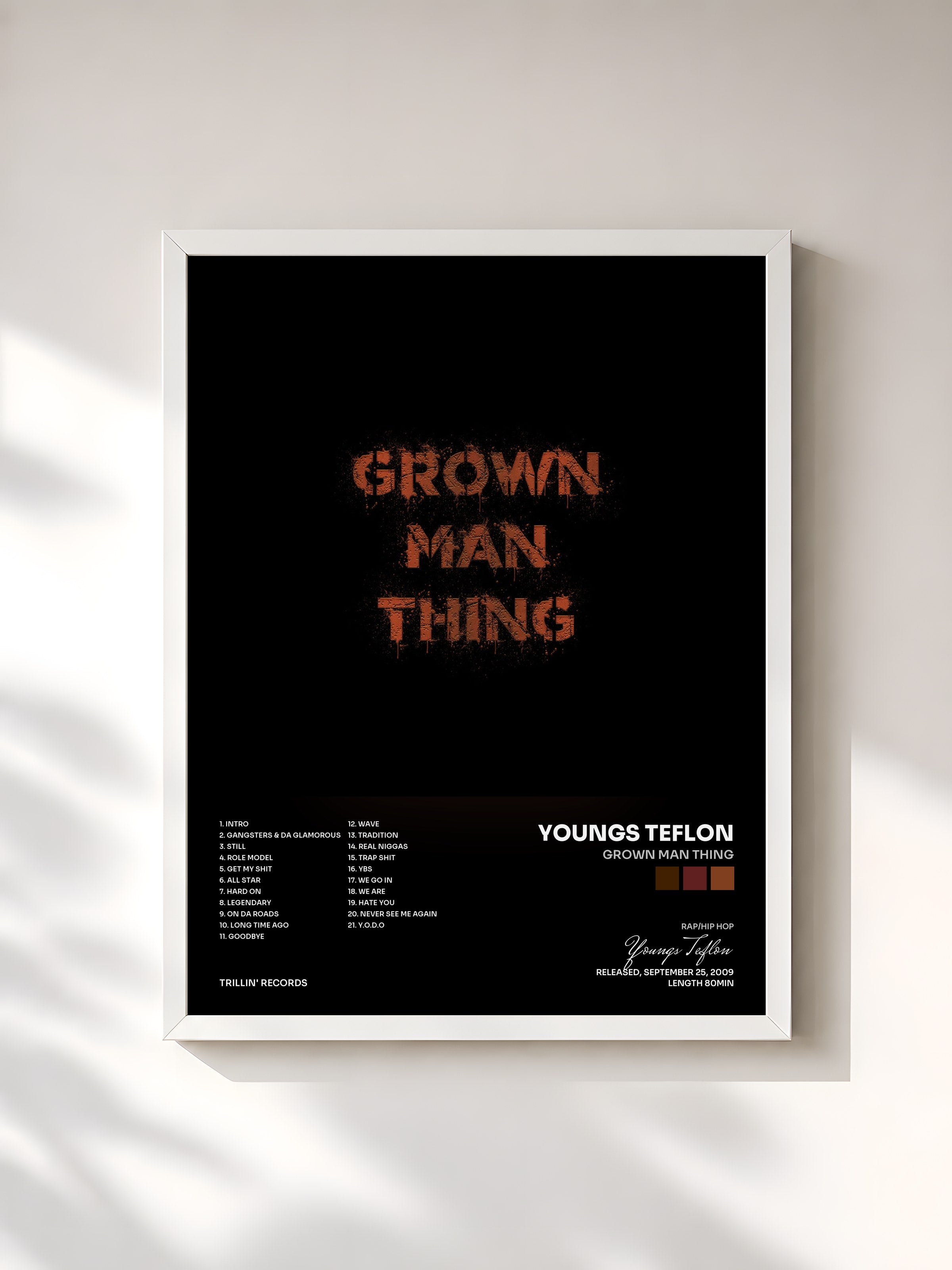 #blanc Tableau de l'album Grown Man Thing de Youngs Teflon, cadre blanc, imprimé et encadré en France