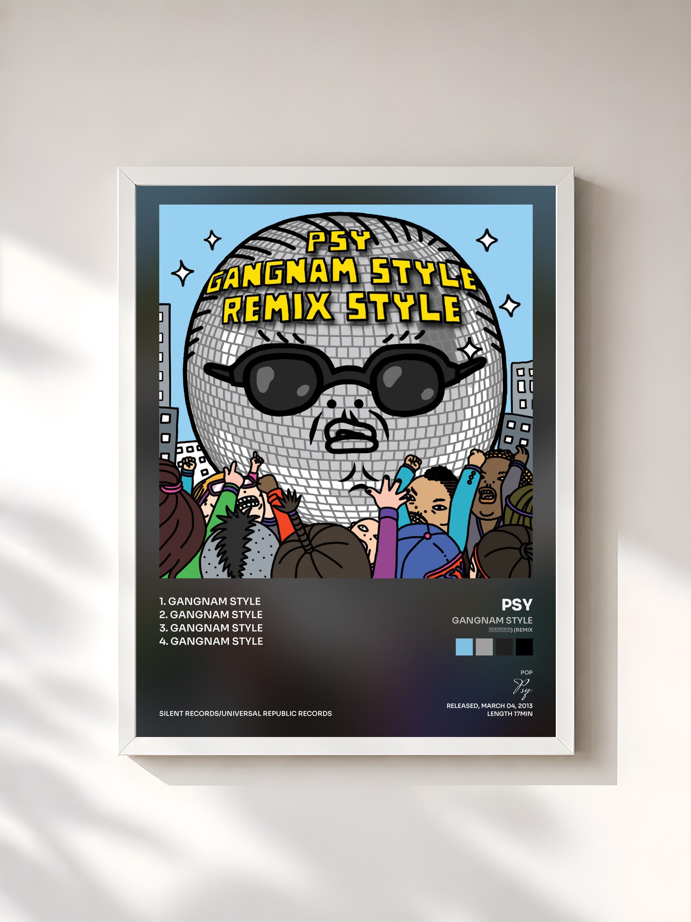 #blanc Tableau de l'album Gangnam Style (강남스타일) (Remix) de Psy, cadre blanc, imprimé et encadré en France