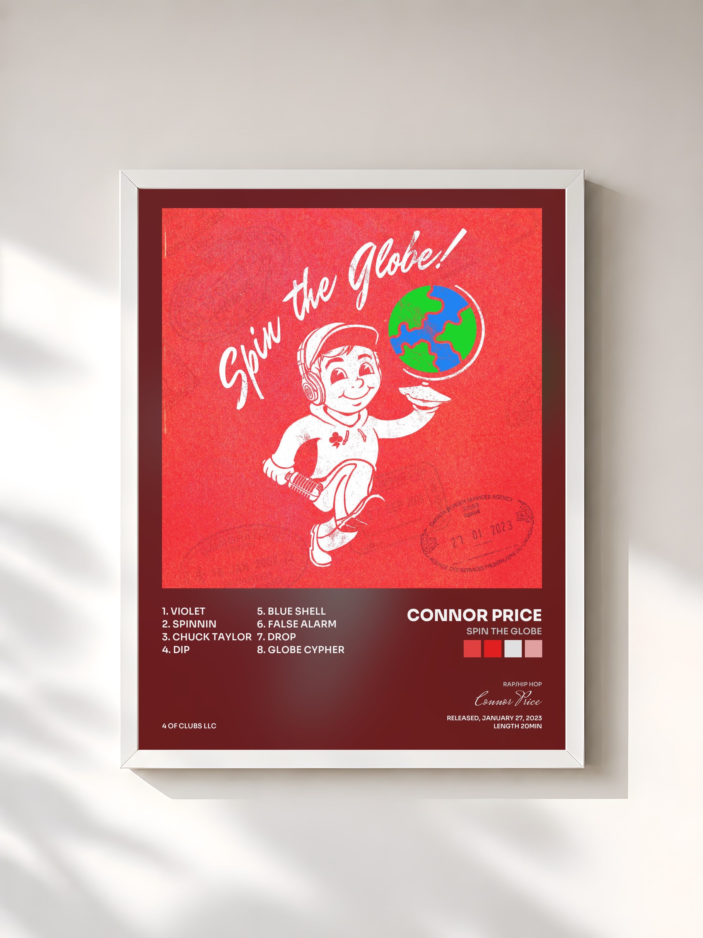 #blanc Tableau de l'album Spin The Globe de Connor Price, cadre blanc, imprimé et encadré en France