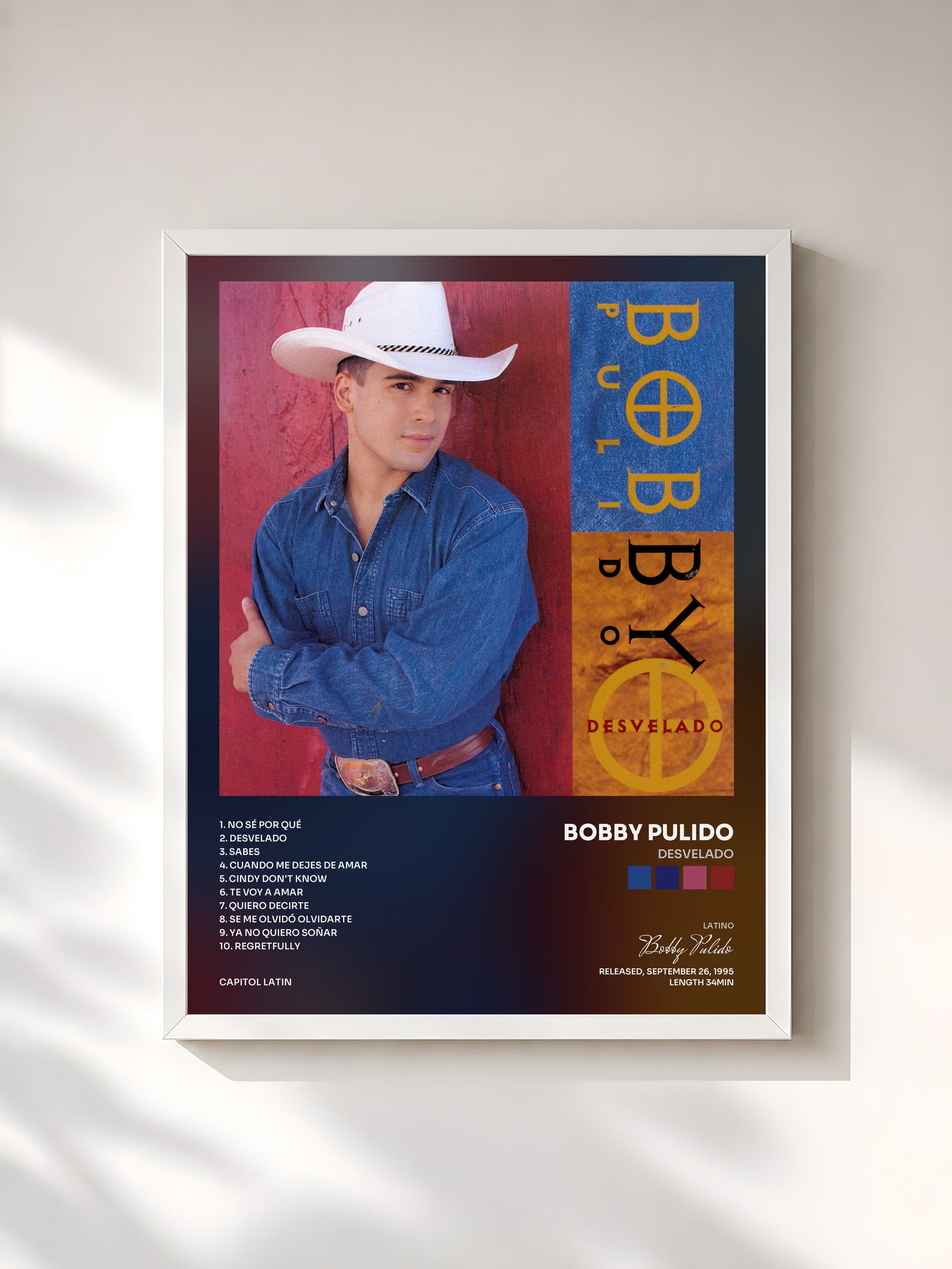 #blanc Tableau de l'album Desvelado de Bobby Pulido, cadre blanc, imprimé et encadré en France