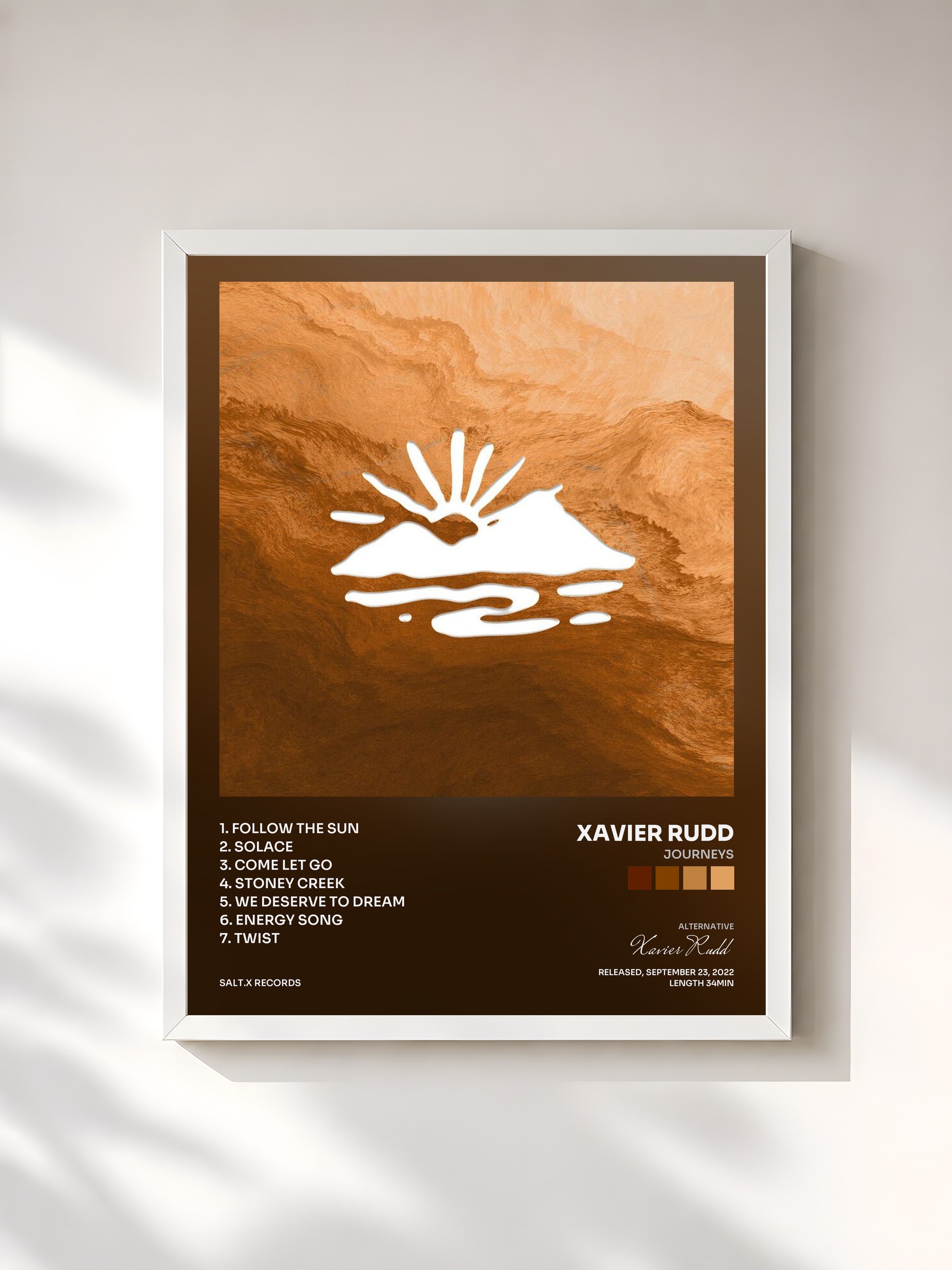 #blanc Tableau de l'album Journeys de Xavier Rudd, cadre blanc, imprimé et encadré en France