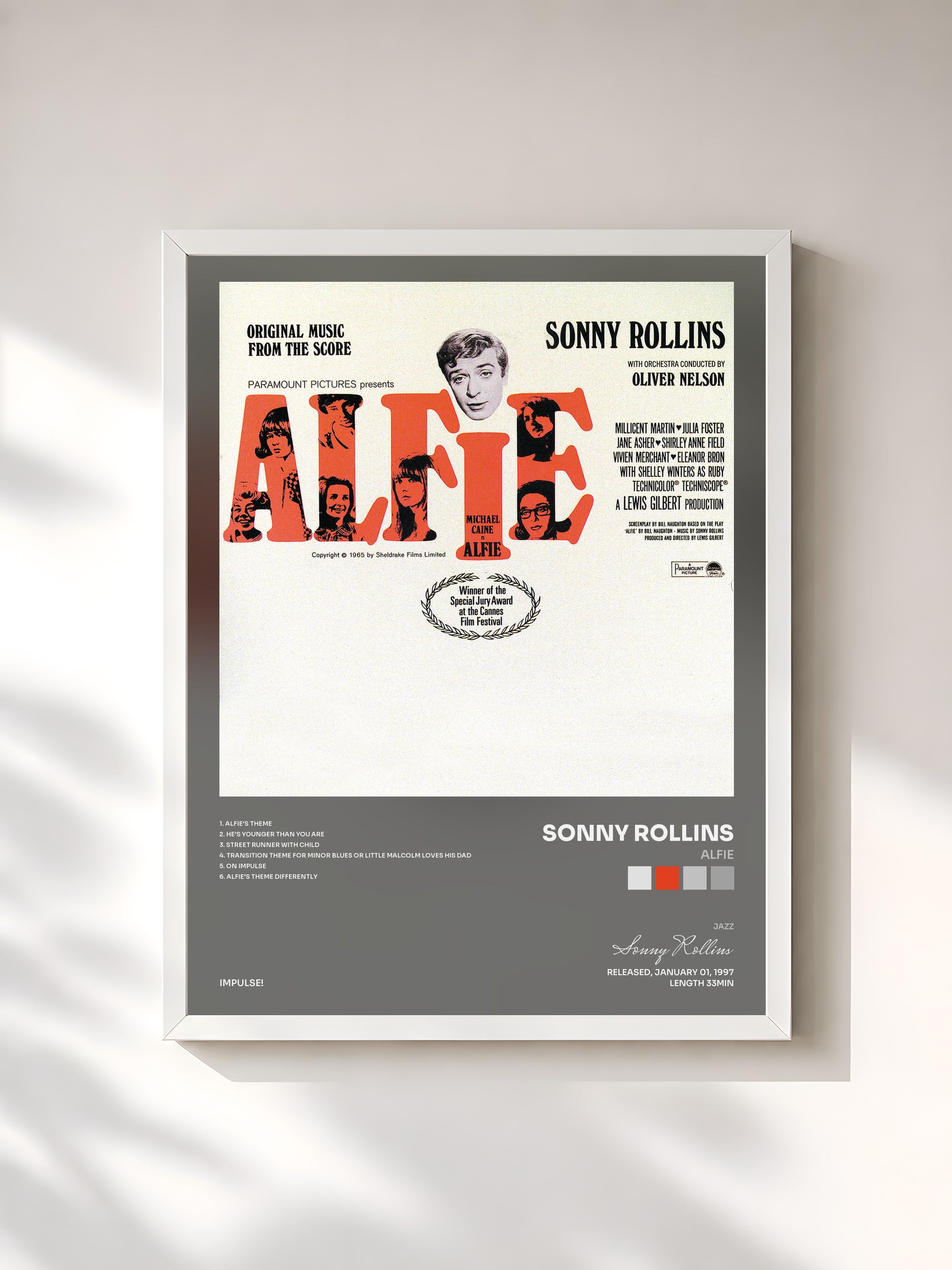 #blanc Tableau de l'album Alfie de Sonny Rollins, cadre blanc, imprimé et encadré en France