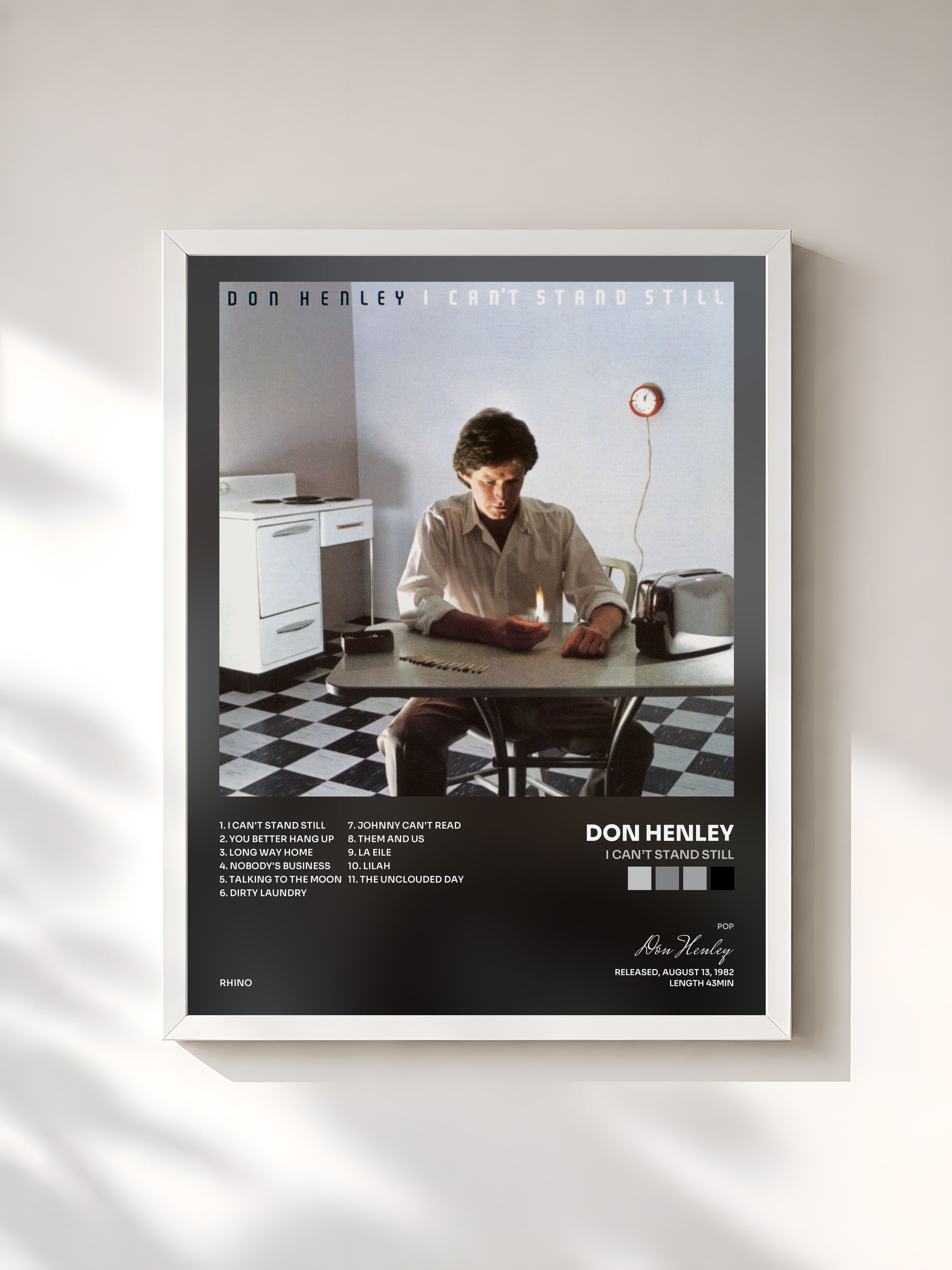 #blanc Tableau de l'album I Can’t Stand Still de Don Henley, cadre blanc, imprimé et encadré en France