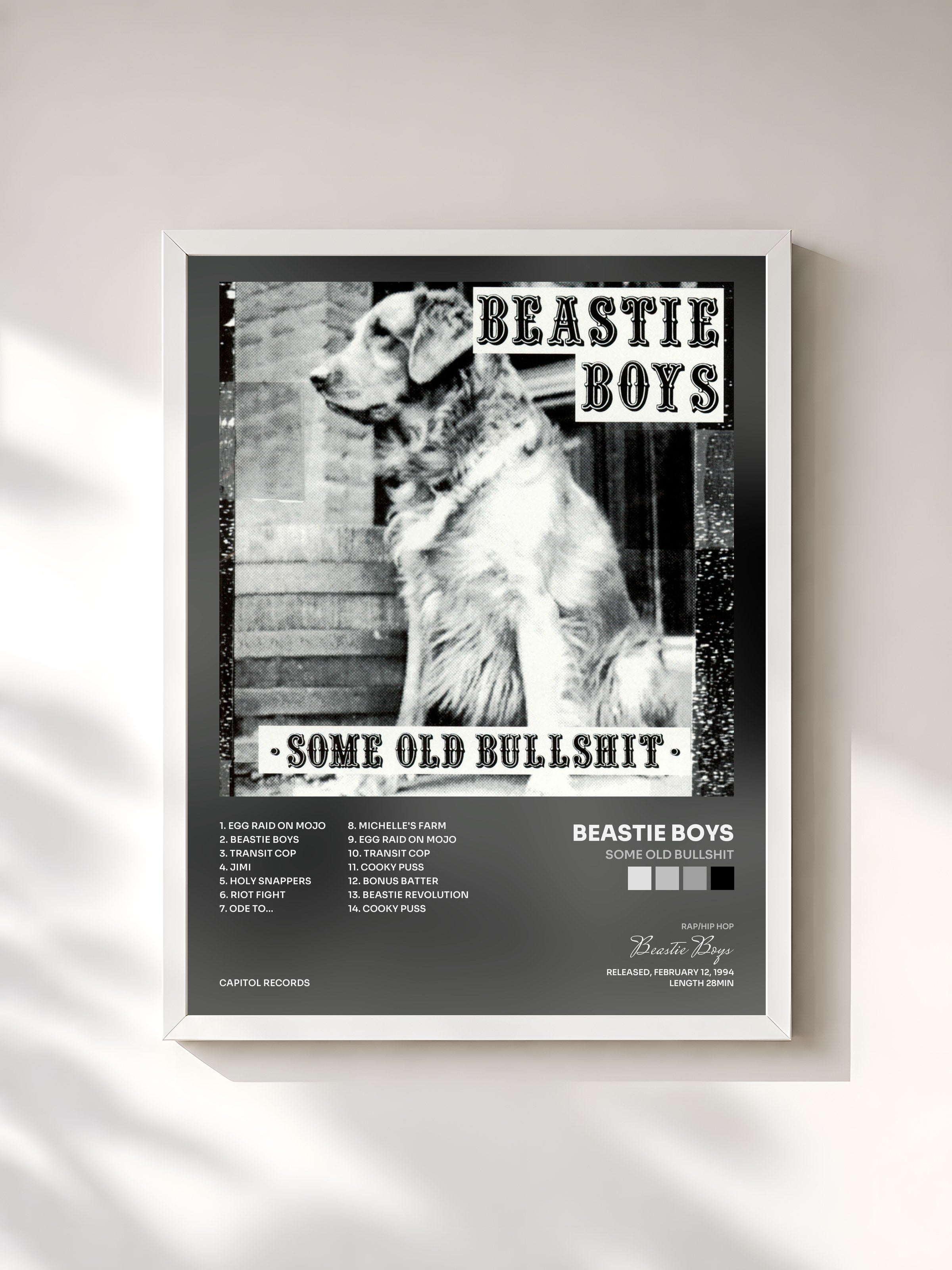 #blanc Tableau de l'album Some Old Bullshit de Beastie Boys, cadre blanc, imprimé et encadré en France