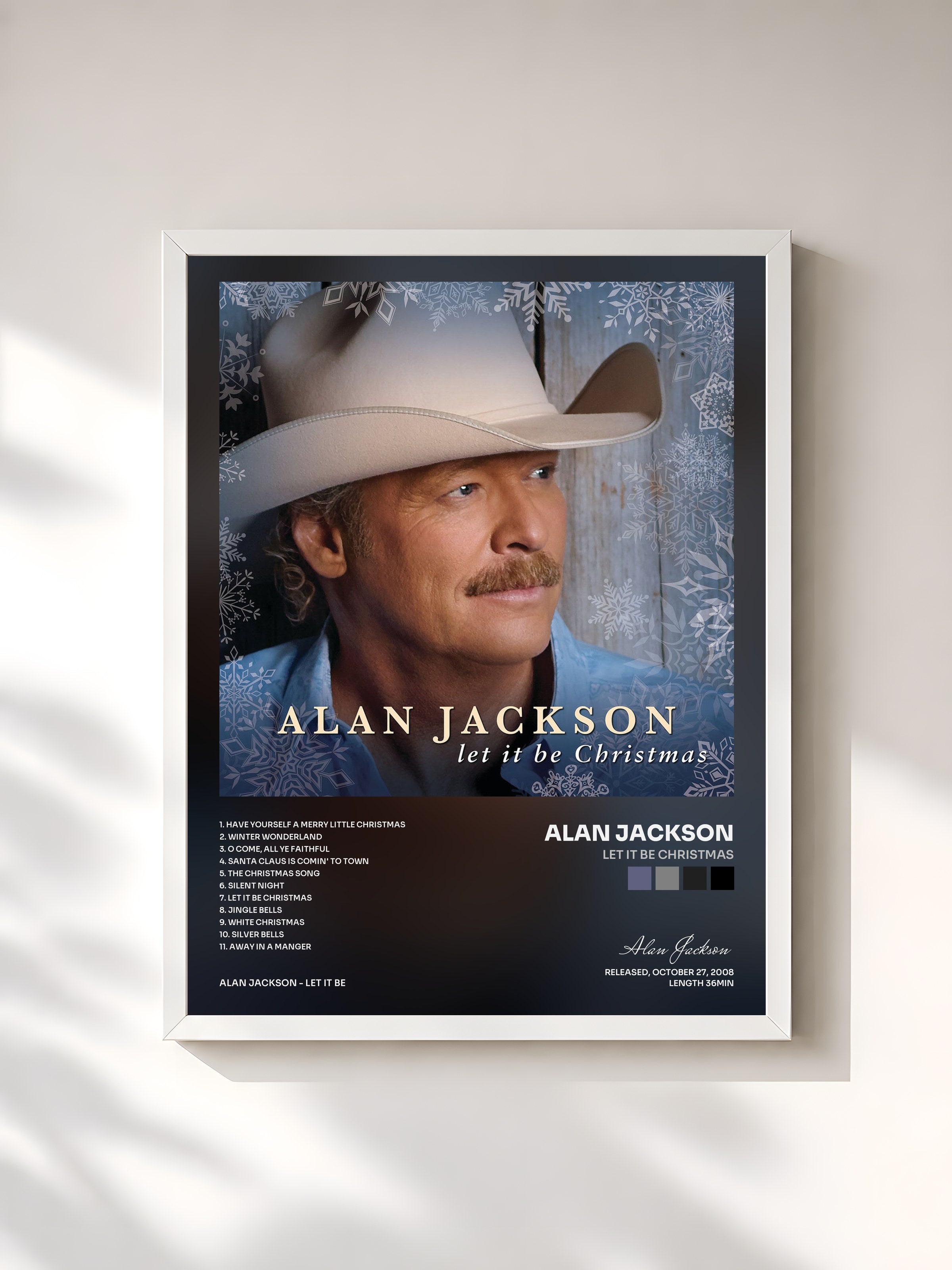 #blanc Tableau de l'album Let It Be Christmas de Alan Jackson, cadre blanc, imprimé et encadré en France