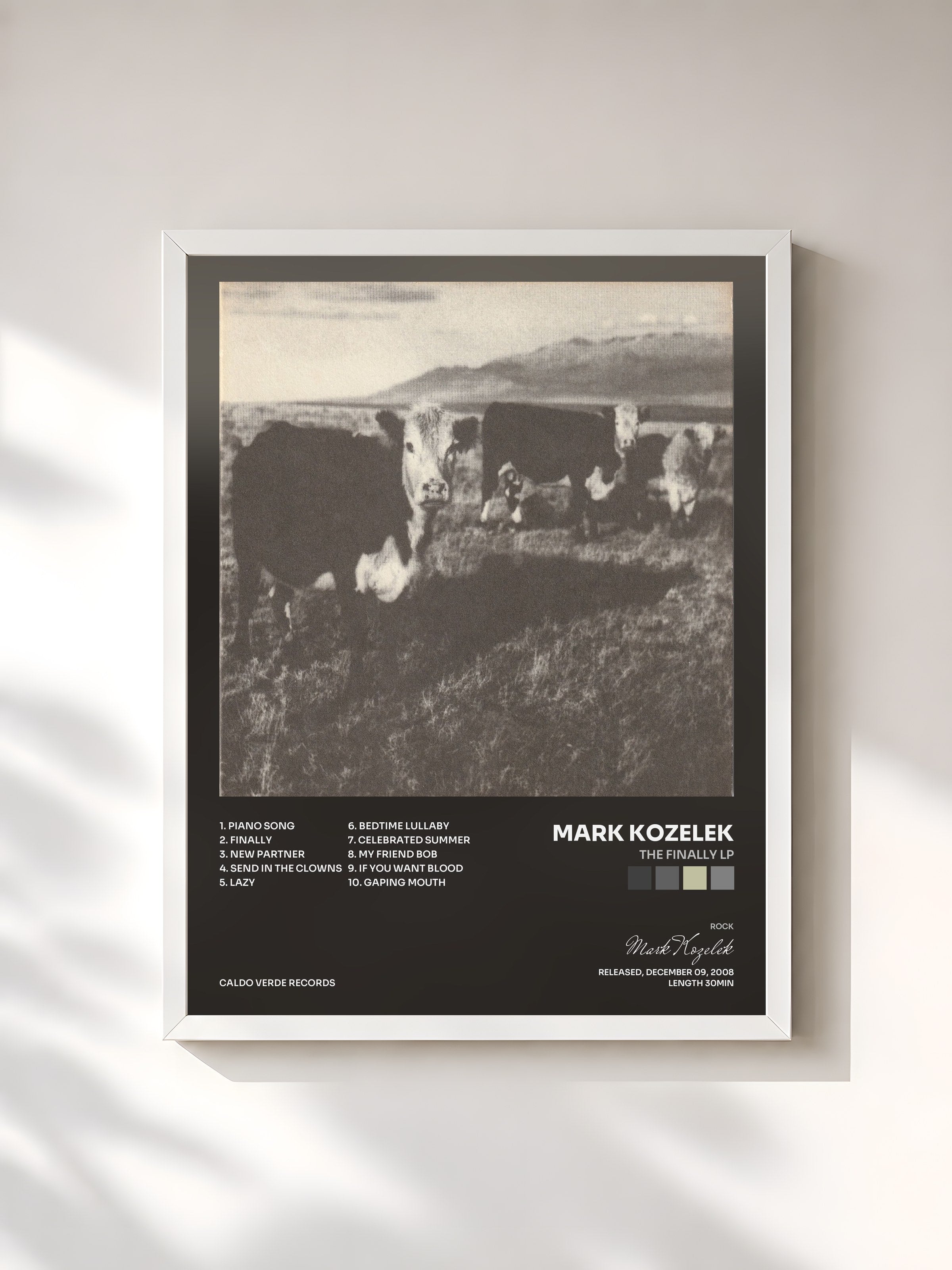 #blanc Tableau de l'album The Finally Lp de Mark Kozelek, cadre blanc, imprimé et encadré en France