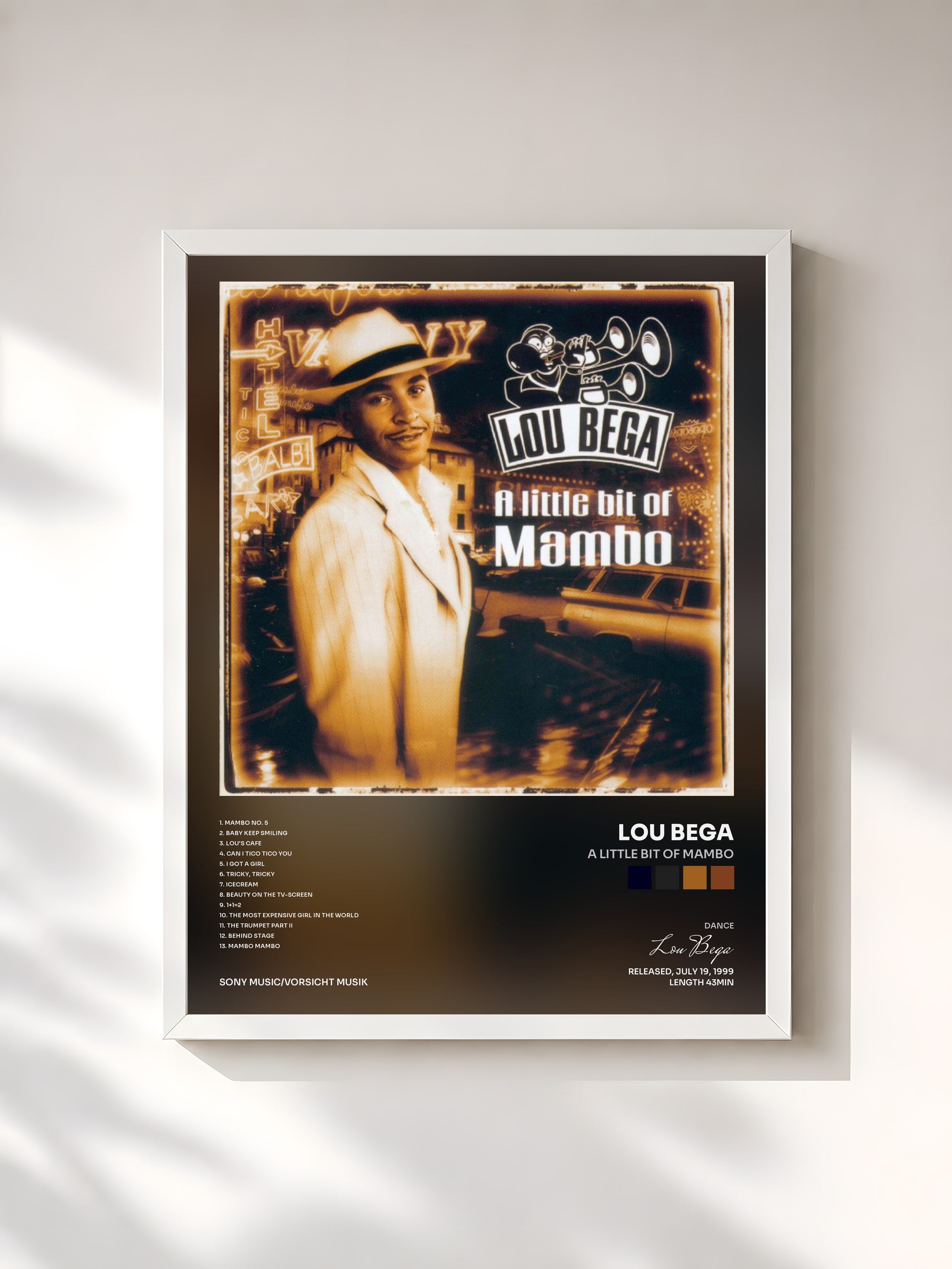 #blanc Tableau de l'album A Little Bit of Mambo de Lou Bega, cadre blanc, imprimé et encadré en France