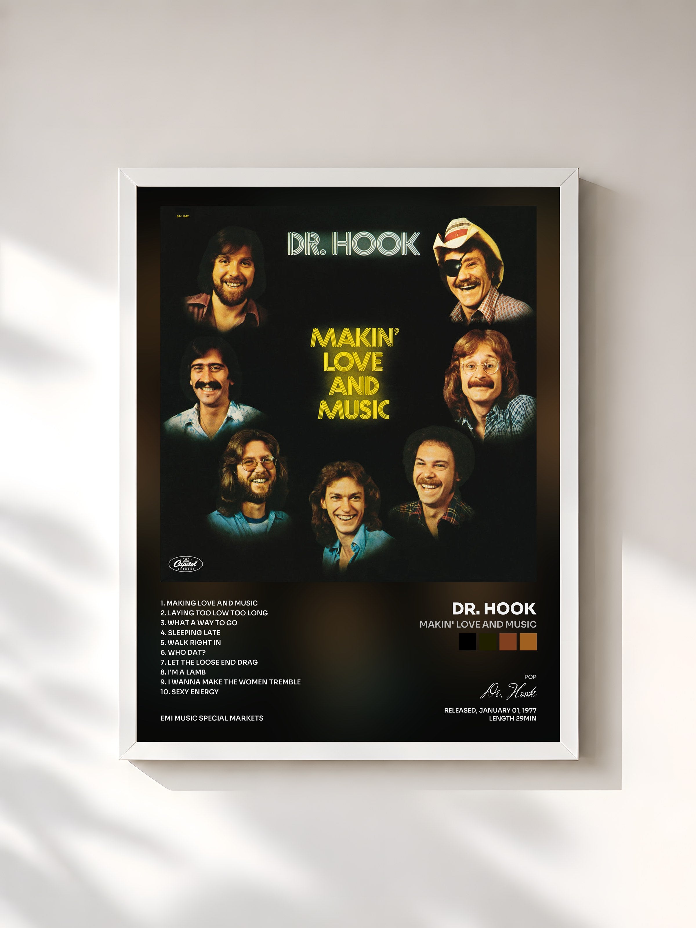 #blanc Tableau de l'album Makin' Love And Music de Dr. Hook, cadre blanc, imprimé et encadré en France