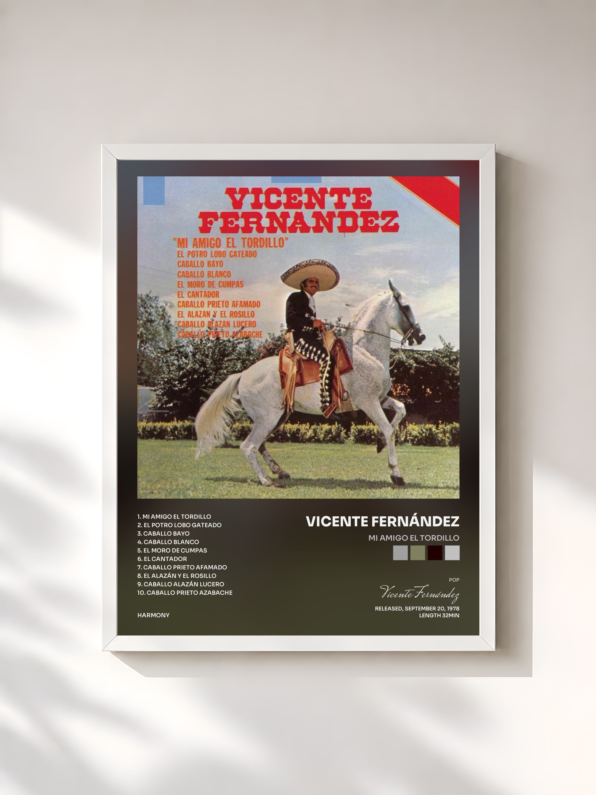 #blanc Tableau de l'album Mi Amigo El Tordillo de Vicente Fernández, cadre blanc, imprimé et encadré en France