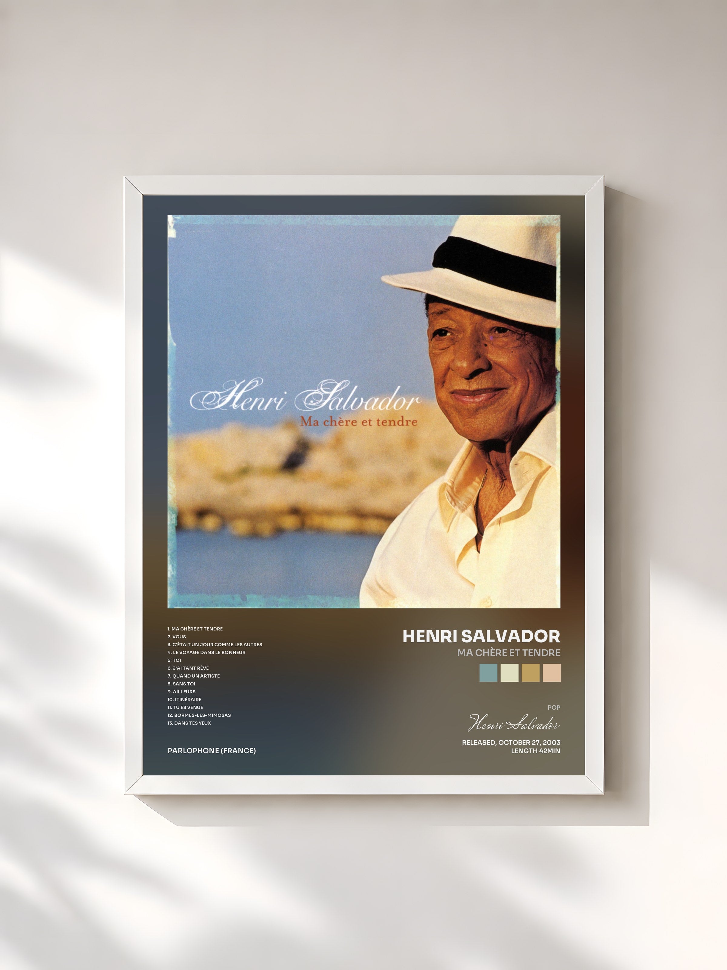 #blanc Tableau de l'album Ma chère et tendre de Henri Salvador, cadre blanc, imprimé et encadré en France
