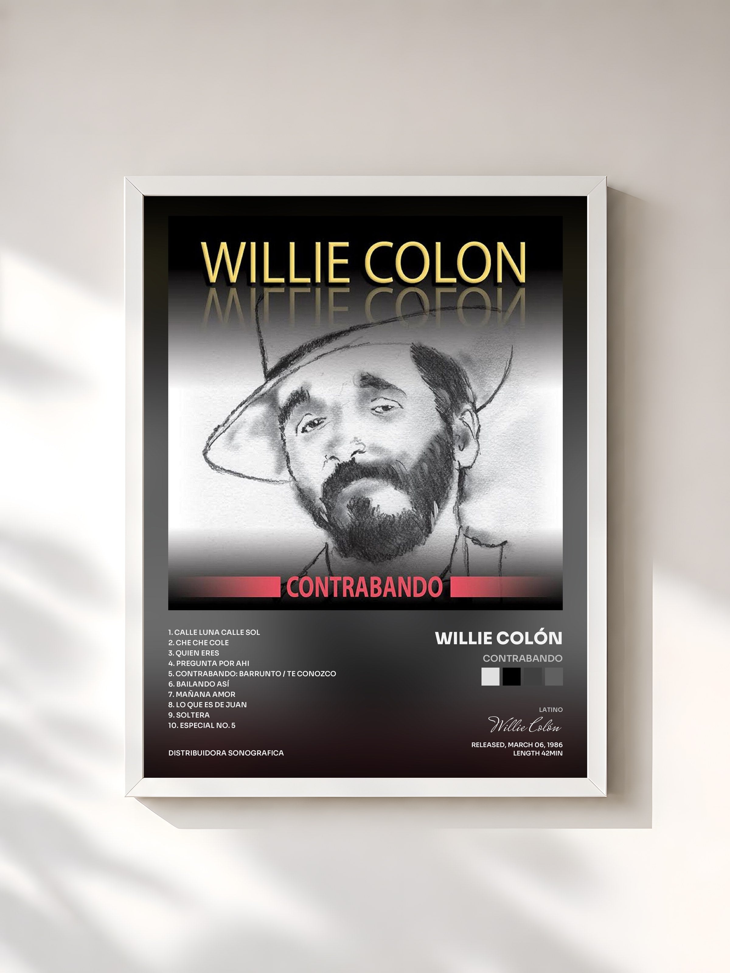 #blanc Tableau de l'album Contrabando de Willie Colón, cadre blanc, imprimé et encadré en France