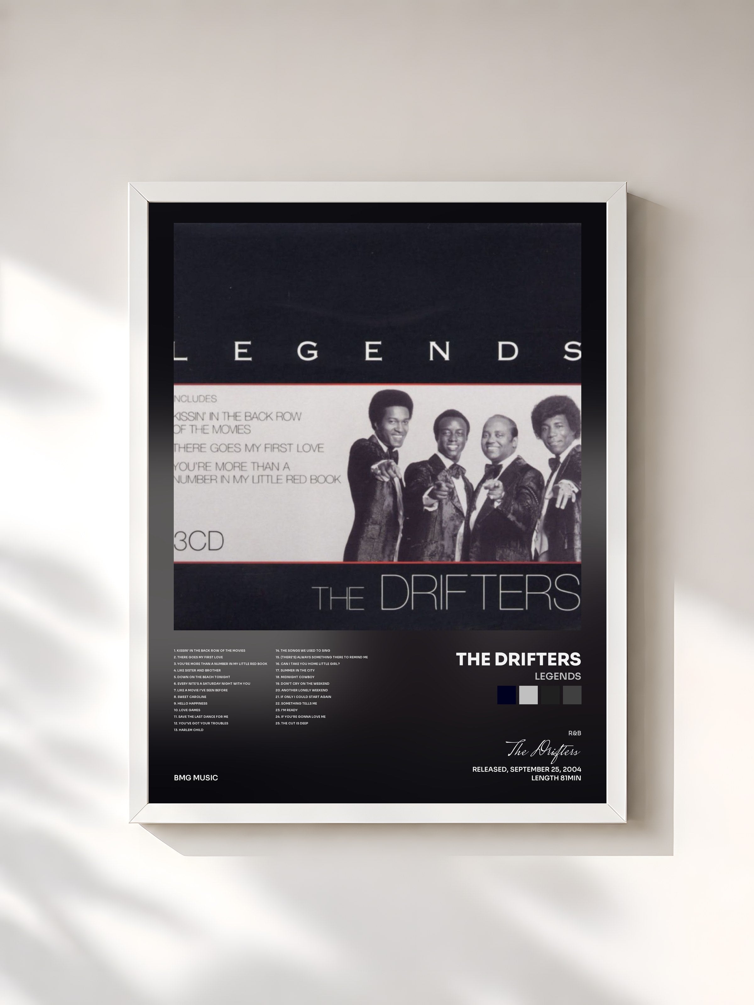 #blanc Tableau de l'album Legends de The Drifters, cadre blanc, imprimé et encadré en France