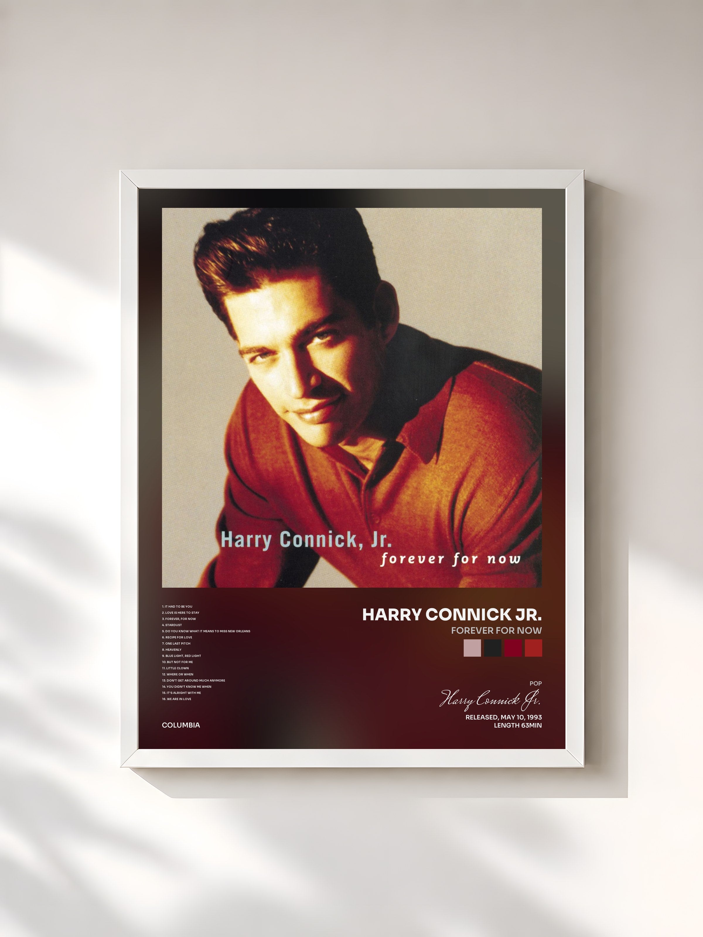 #blanc Tableau de l'album FOREVER FOR NOW de Harry Connick Jr., cadre blanc, imprimé et encadré en France