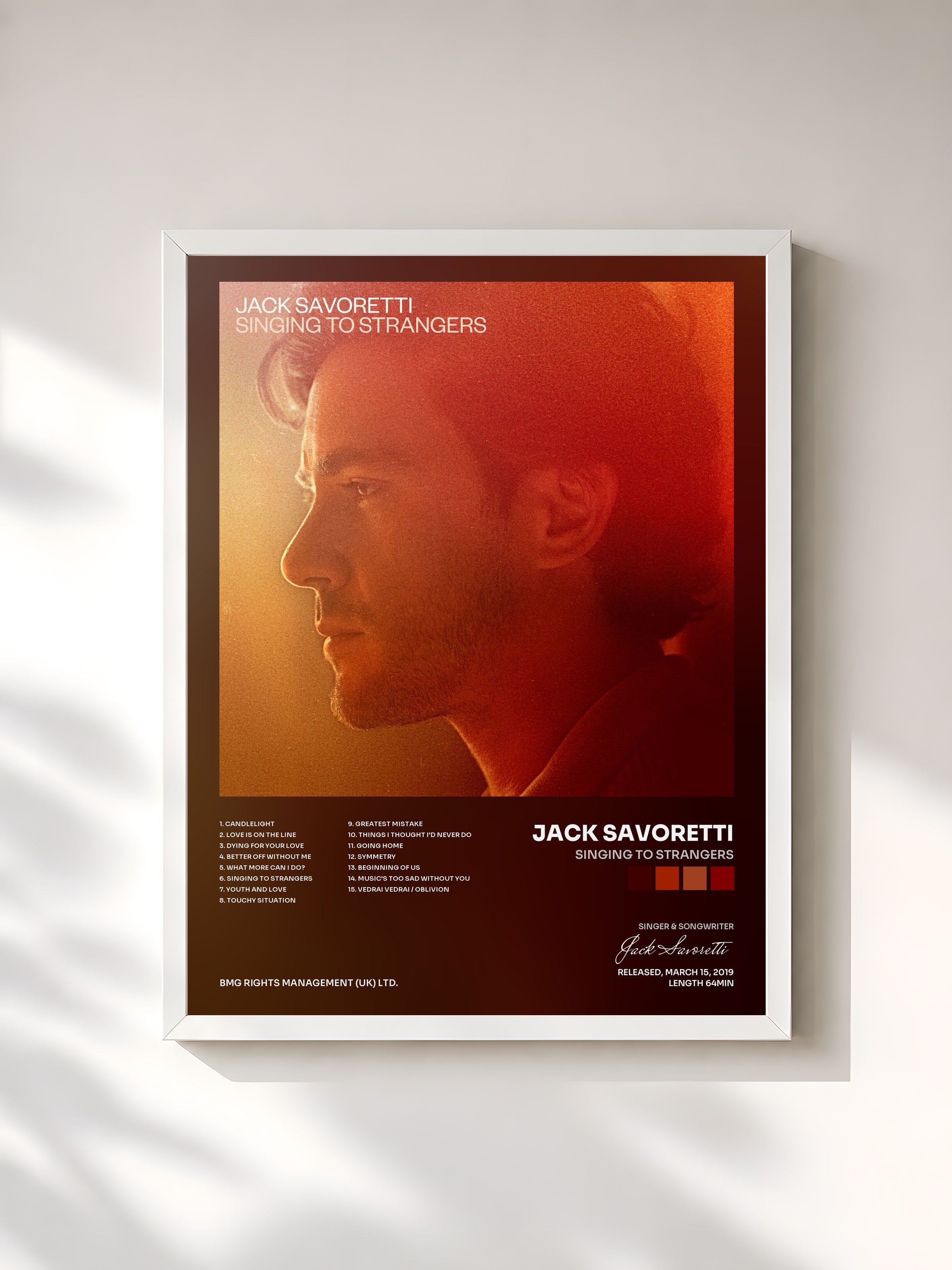 #blanc Tableau de l'album Singing to Strangers de Jack Savoretti, cadre blanc, imprimé et encadré en France