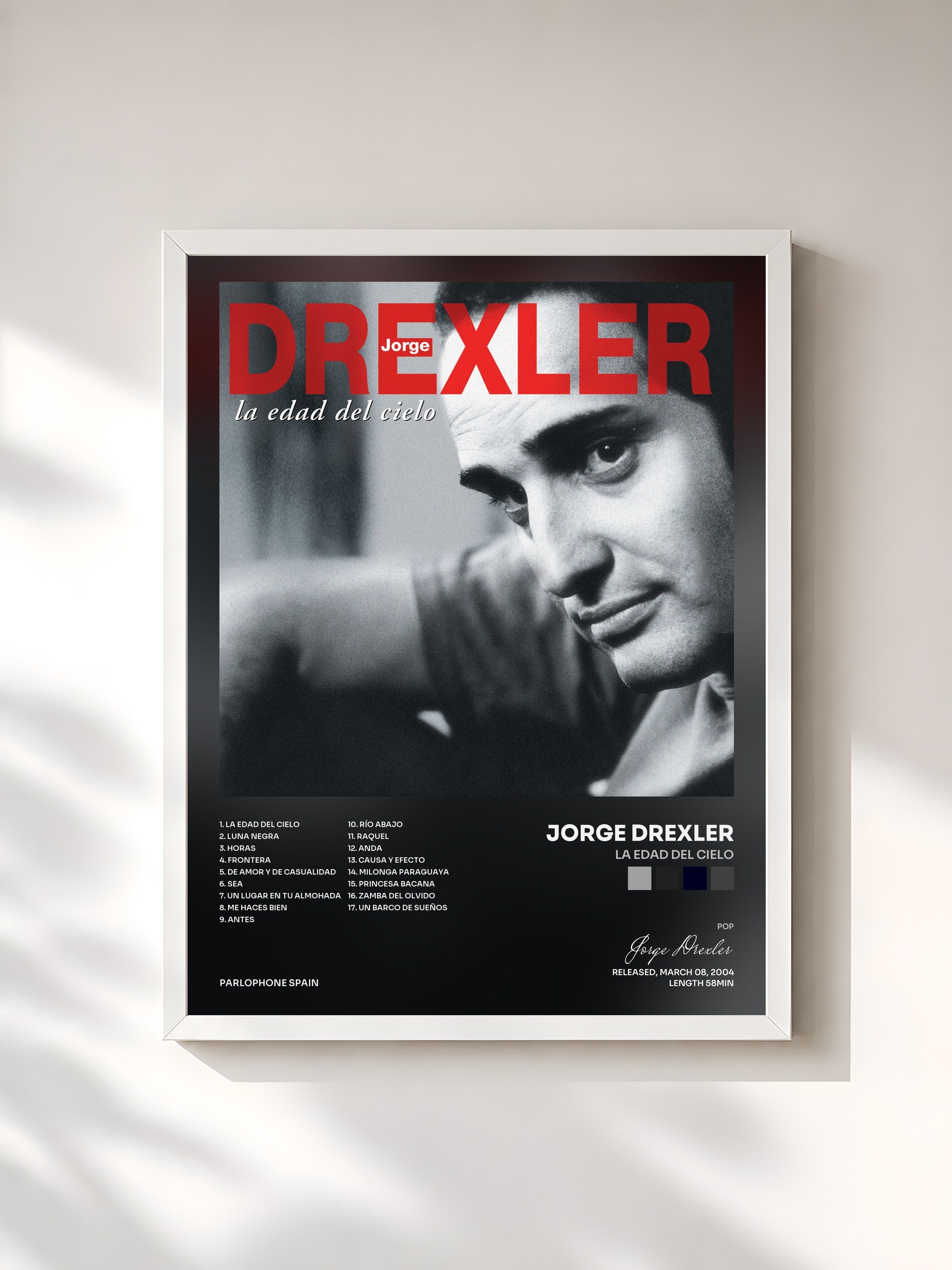 #blanc Tableau de l'album La Edad Del Cielo de Jorge Drexler, cadre blanc, imprimé et encadré en France