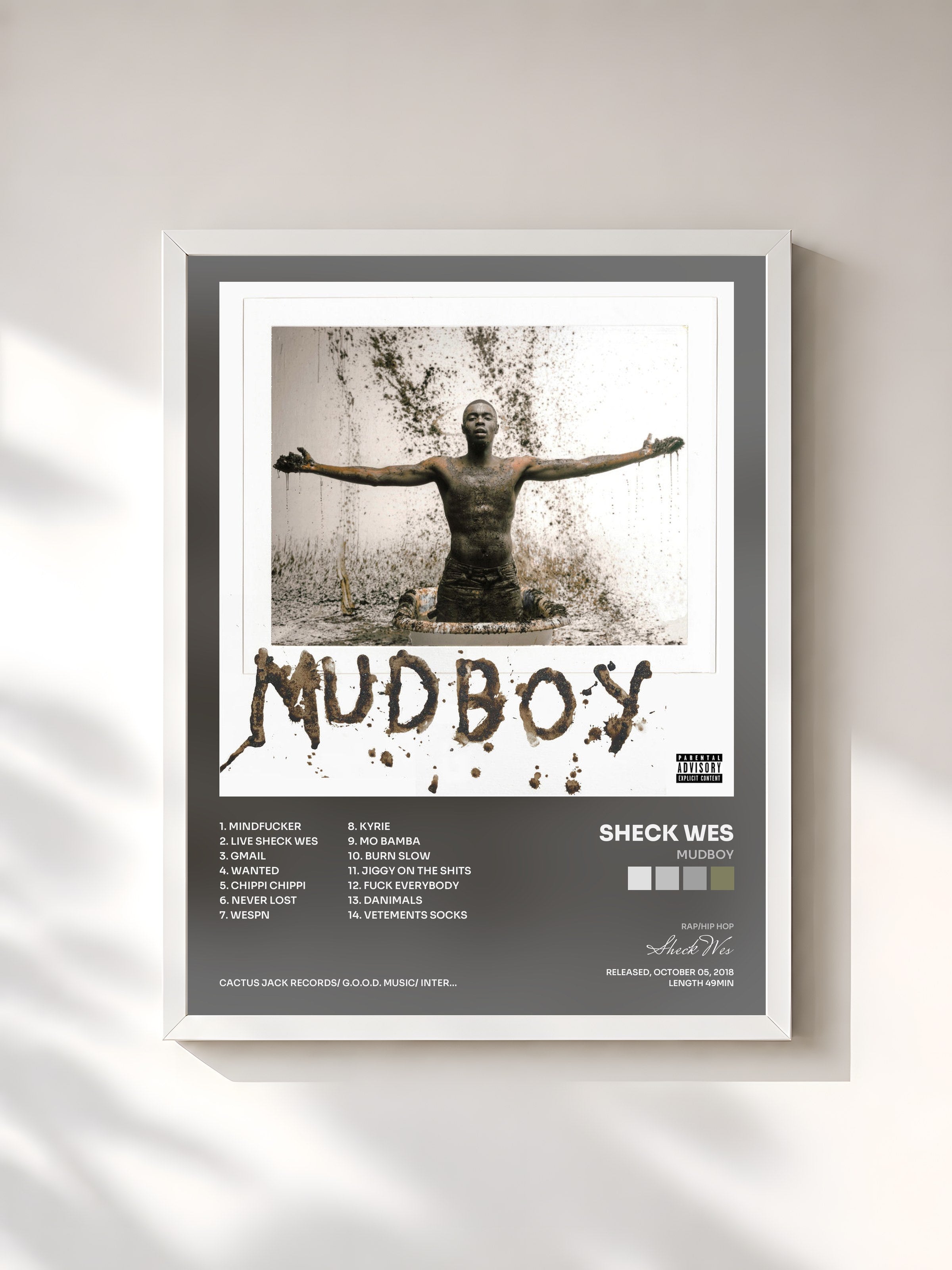 #blanc Tableau de l'album MUDBOY de Sheck Wes, cadre blanc, imprimé et encadré en France