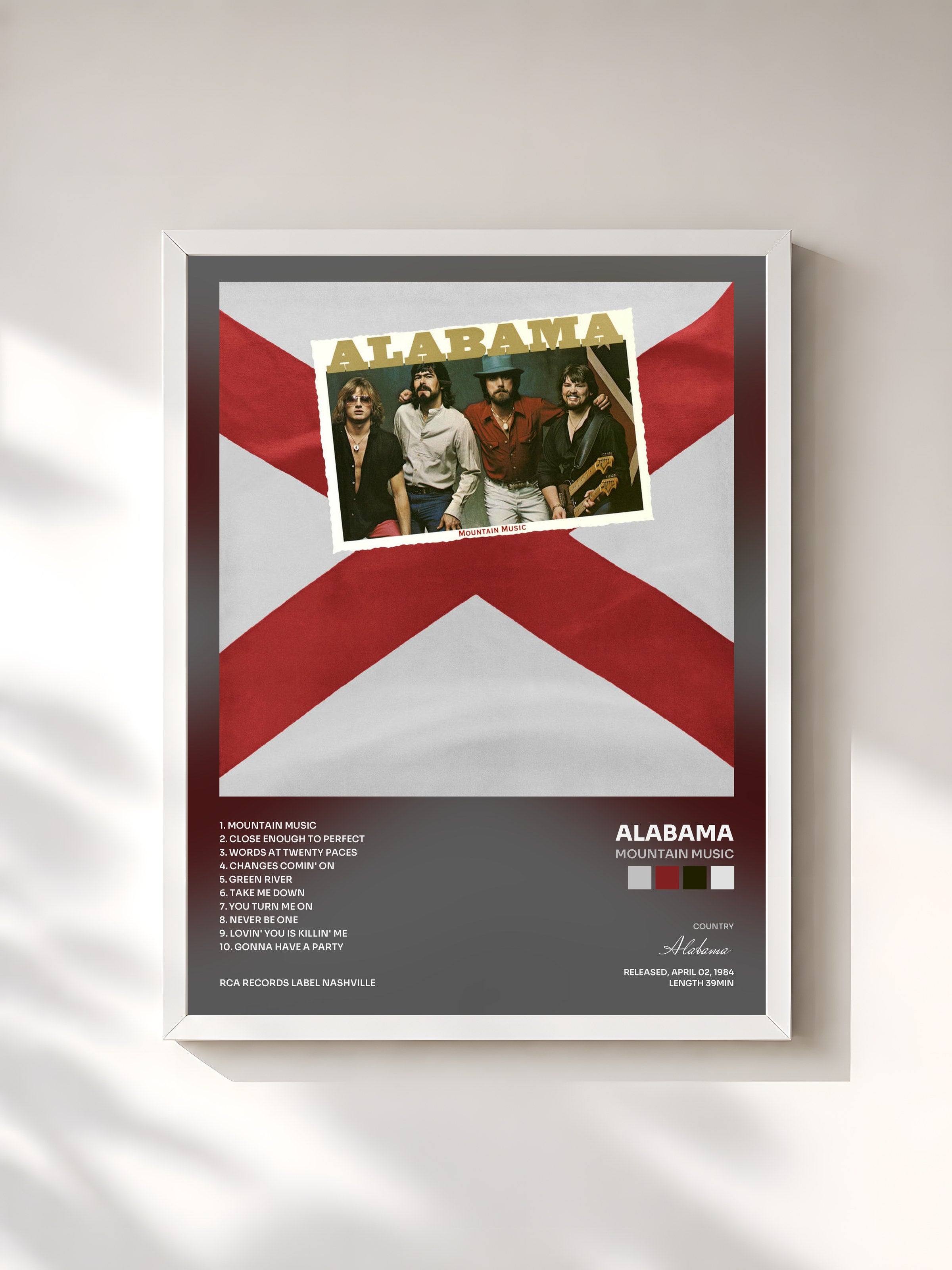 #blanc Tableau de l'album Mountain Music de Alabama, cadre blanc, imprimé et encadré en France