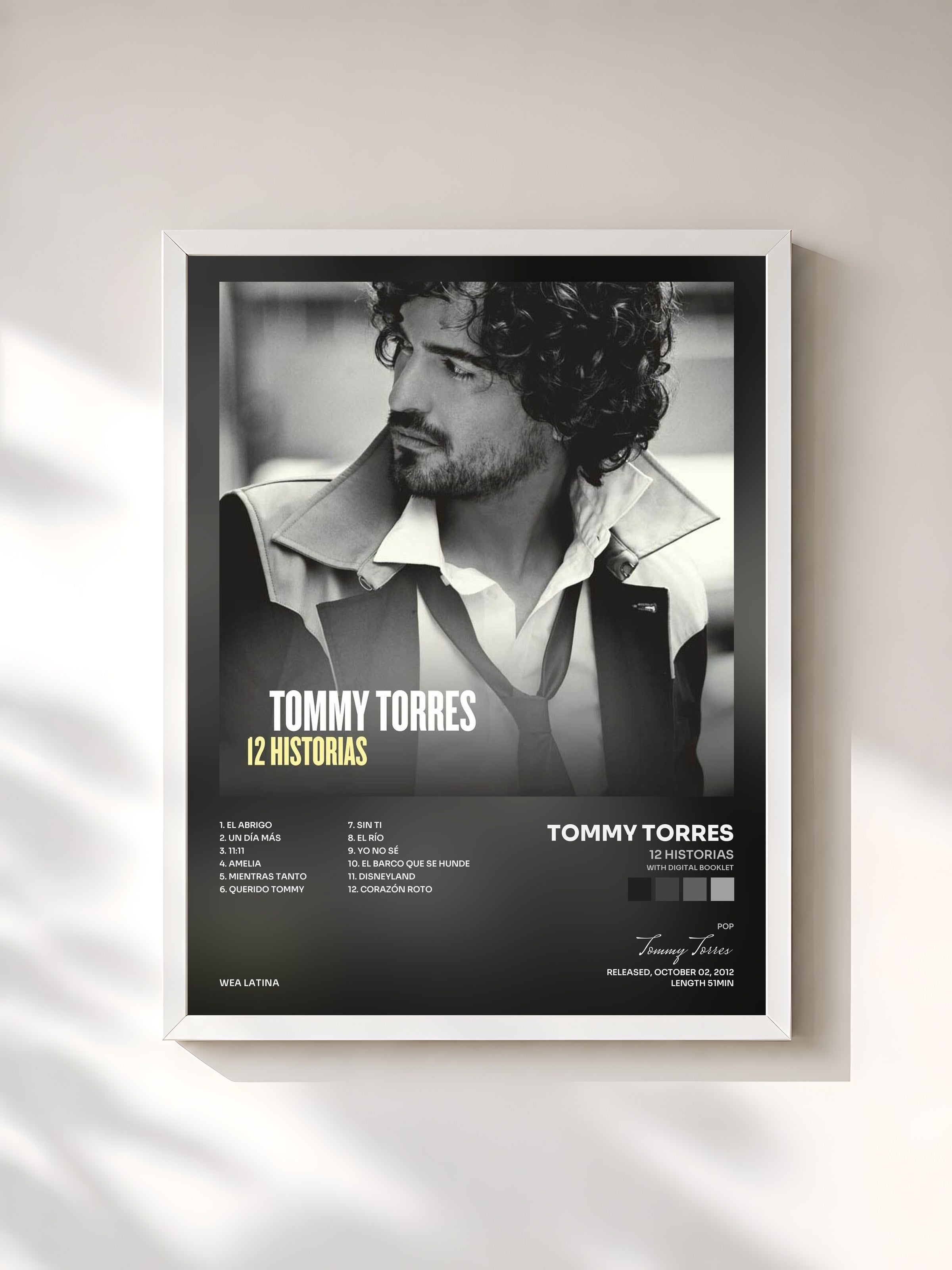 #blanc Tableau de l'album 12 Historias (With Digital Booklet) de Tommy Torres, cadre blanc, imprimé et encadré en France