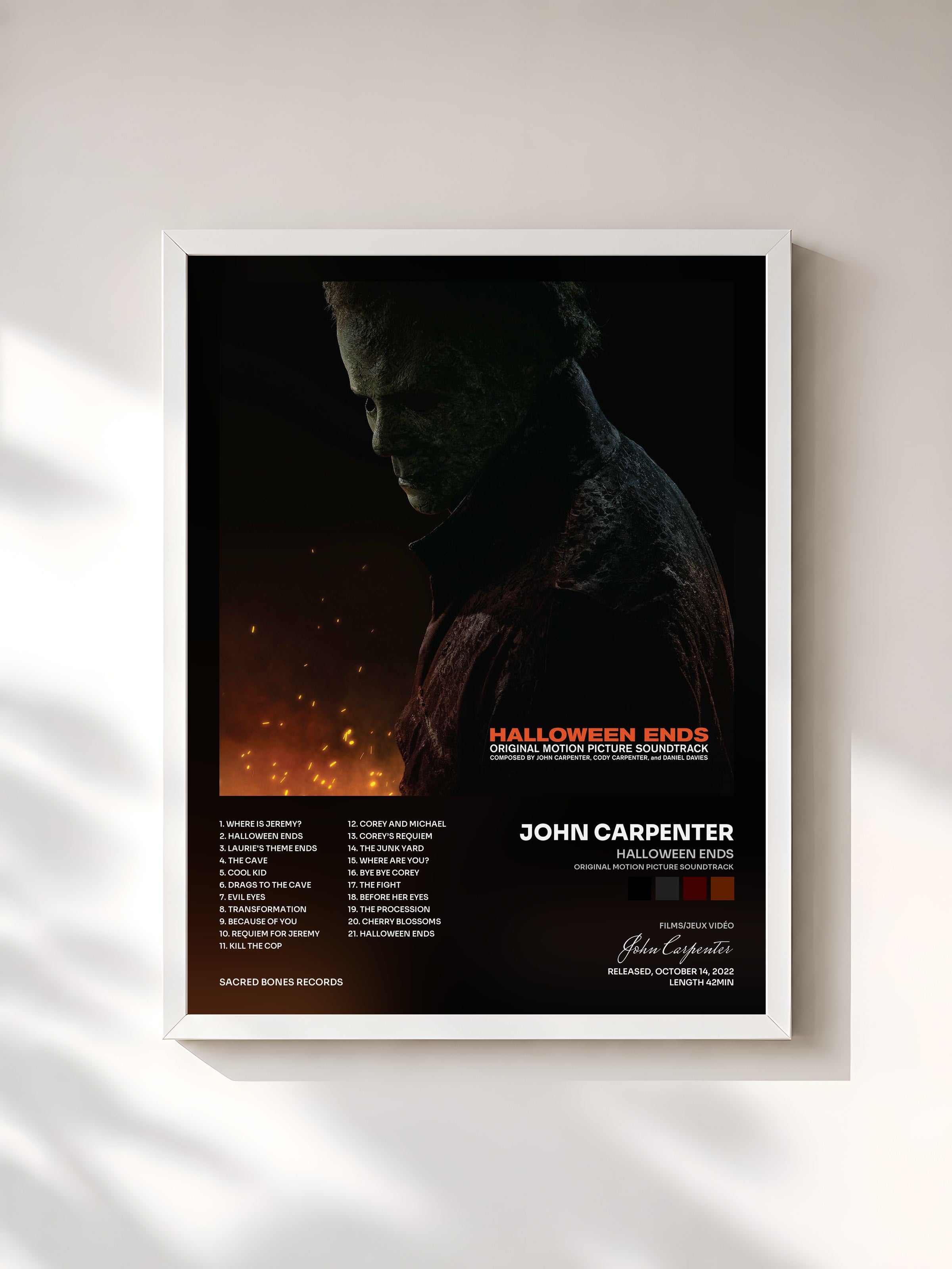 #blanc Tableau de l'album Halloween Ends (Original Motion Picture Soundtrack) de John Carpenter, cadre blanc, imprimé et encadré en France