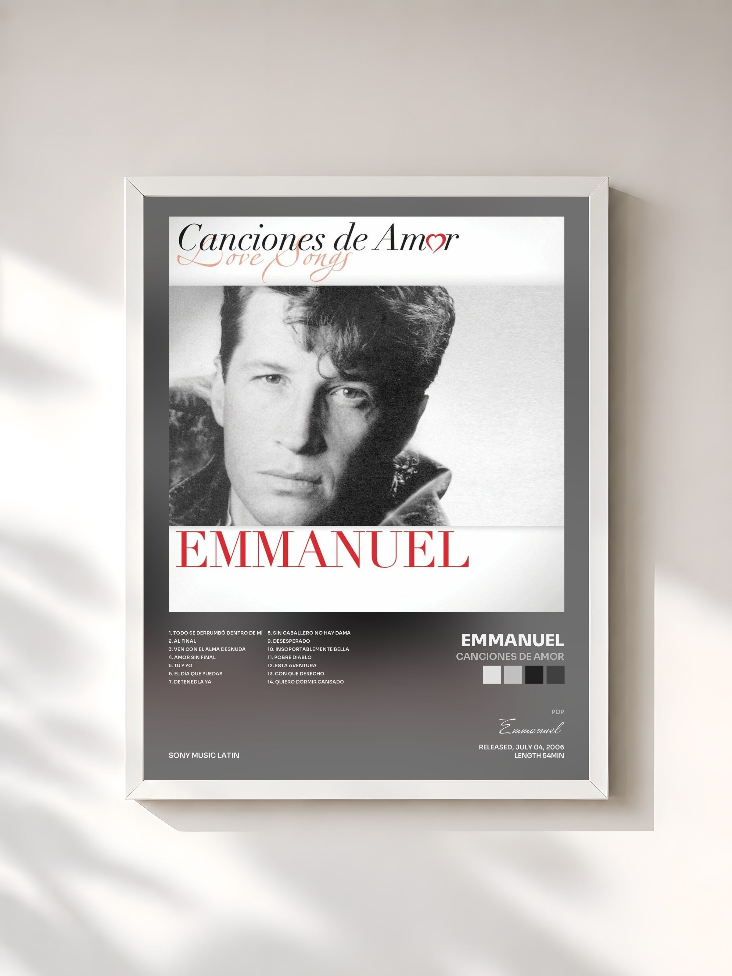 #blanc Tableau de l'album Canciones De Amor de Emmanuel, cadre blanc, imprimé et encadré en France