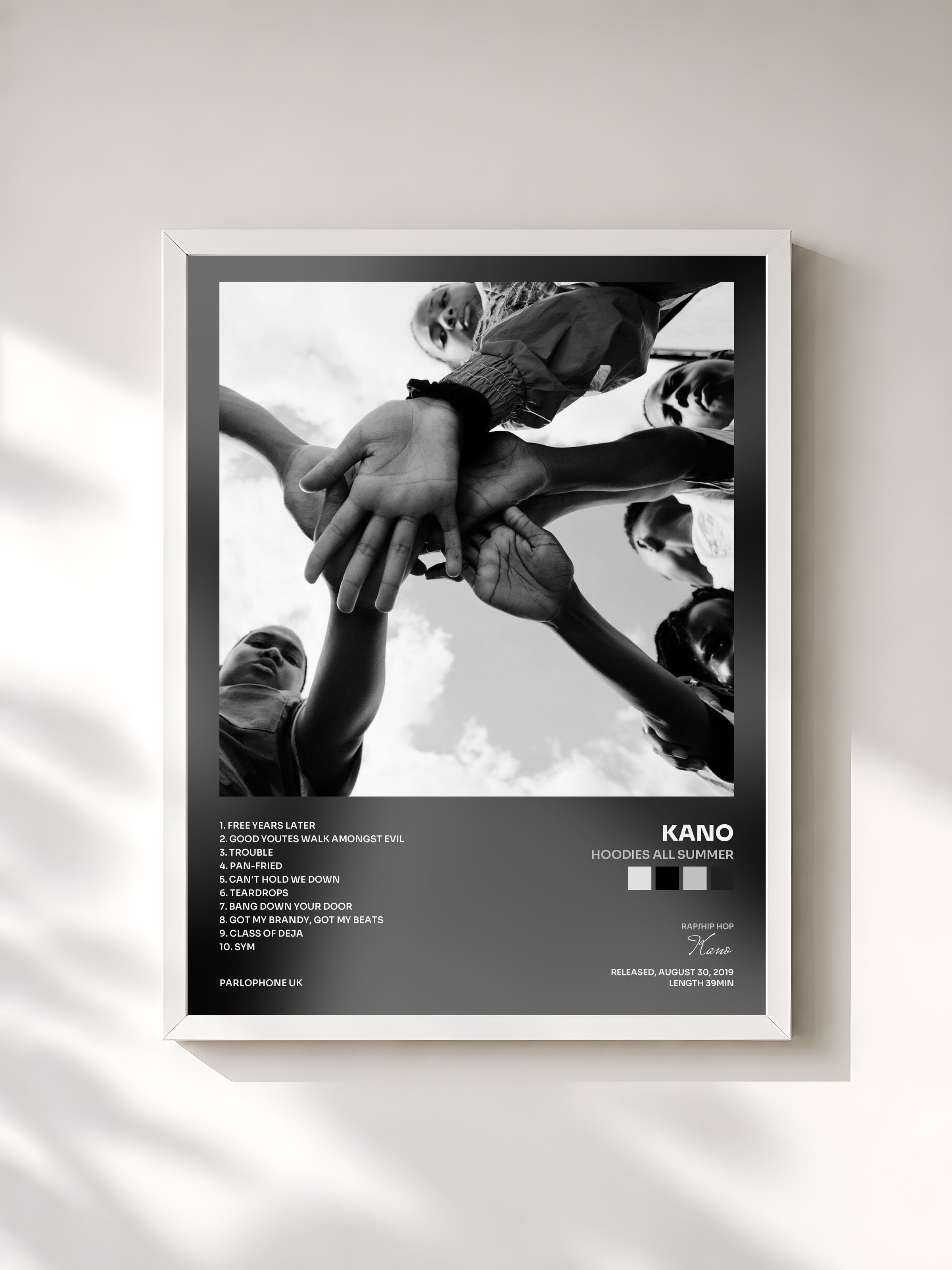#blanc Tableau de l'album Hoodies All Summer de Kano, cadre blanc, imprimé et encadré en France