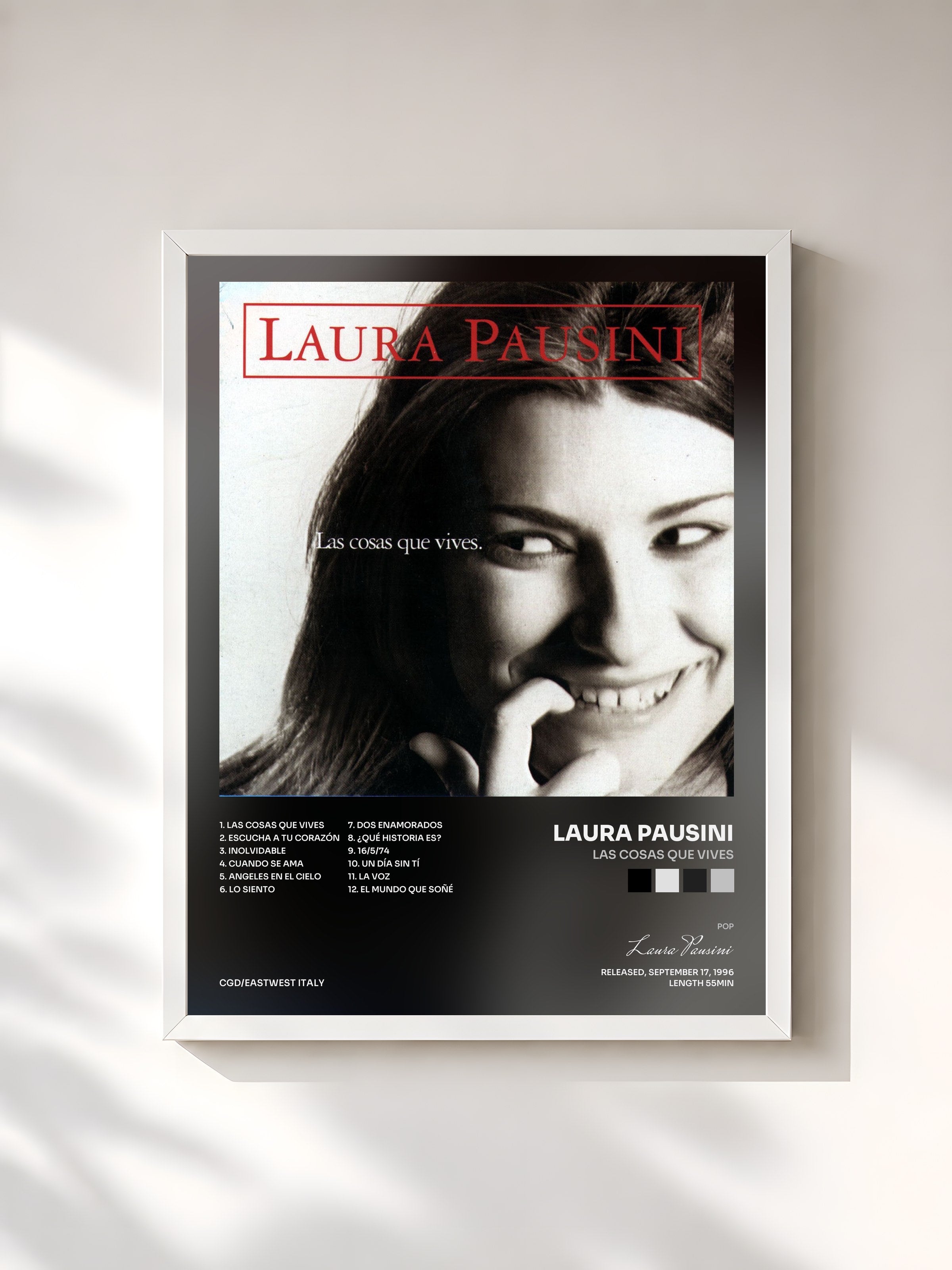 #blanc Tableau de l'album Las cosas que vives de Laura Pausini, cadre blanc, imprimé et encadré en France