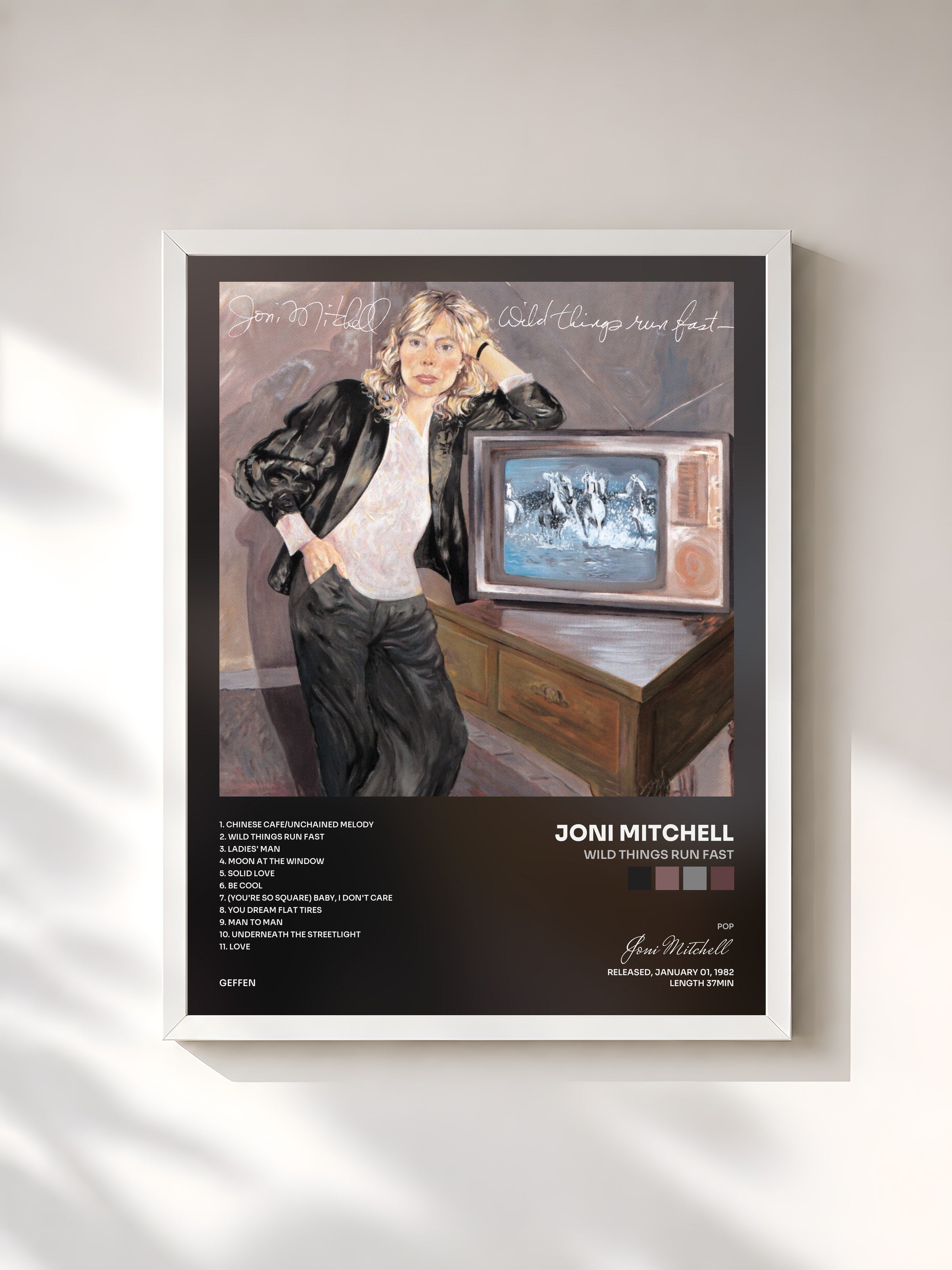 #blanc Tableau de l'album Wild Things Run Fast de Joni Mitchell, cadre blanc, imprimé et encadré en France
