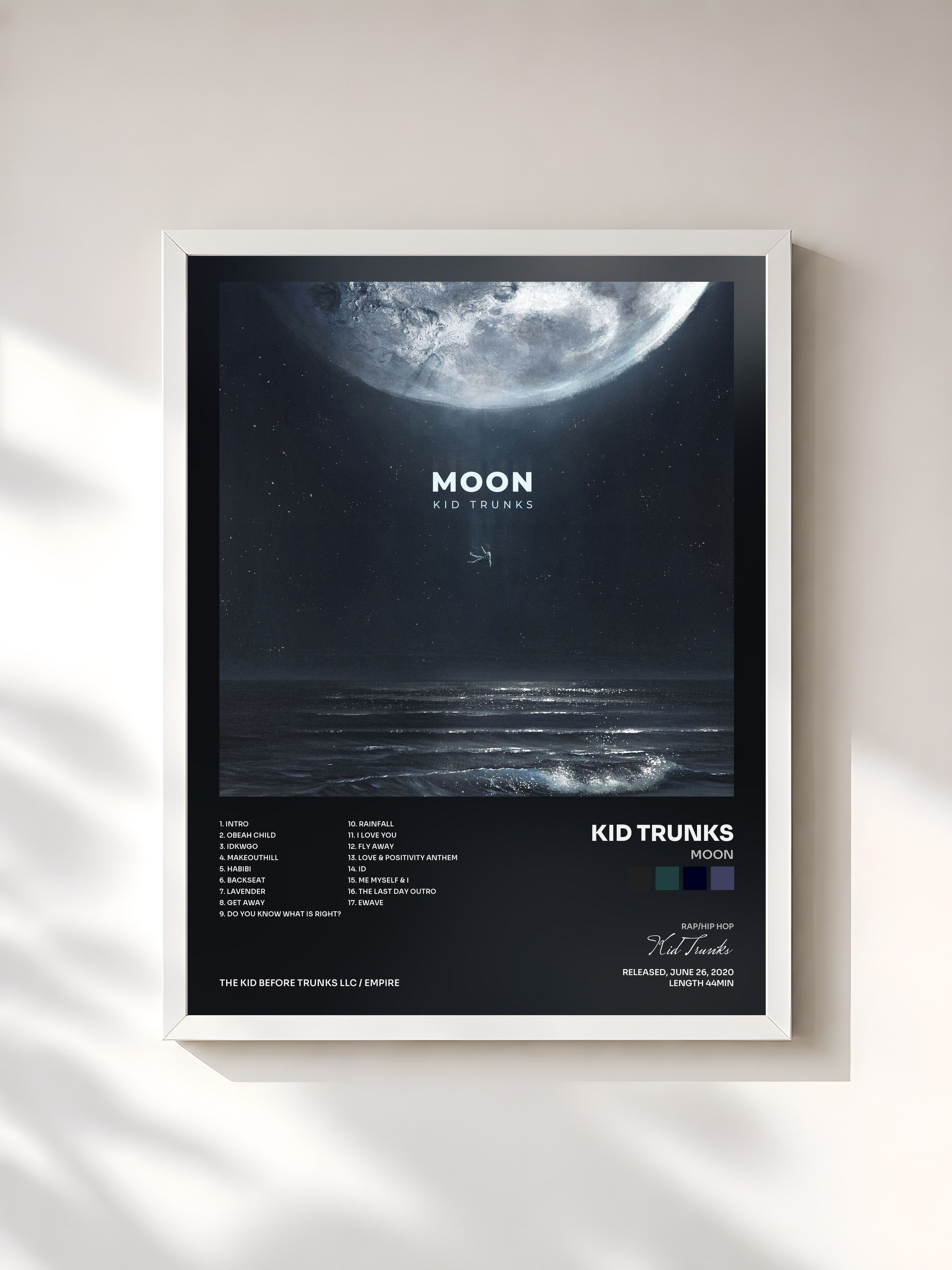 #blanc Tableau de l'album Moon de Kid Trunks, cadre blanc, imprimé et encadré en France