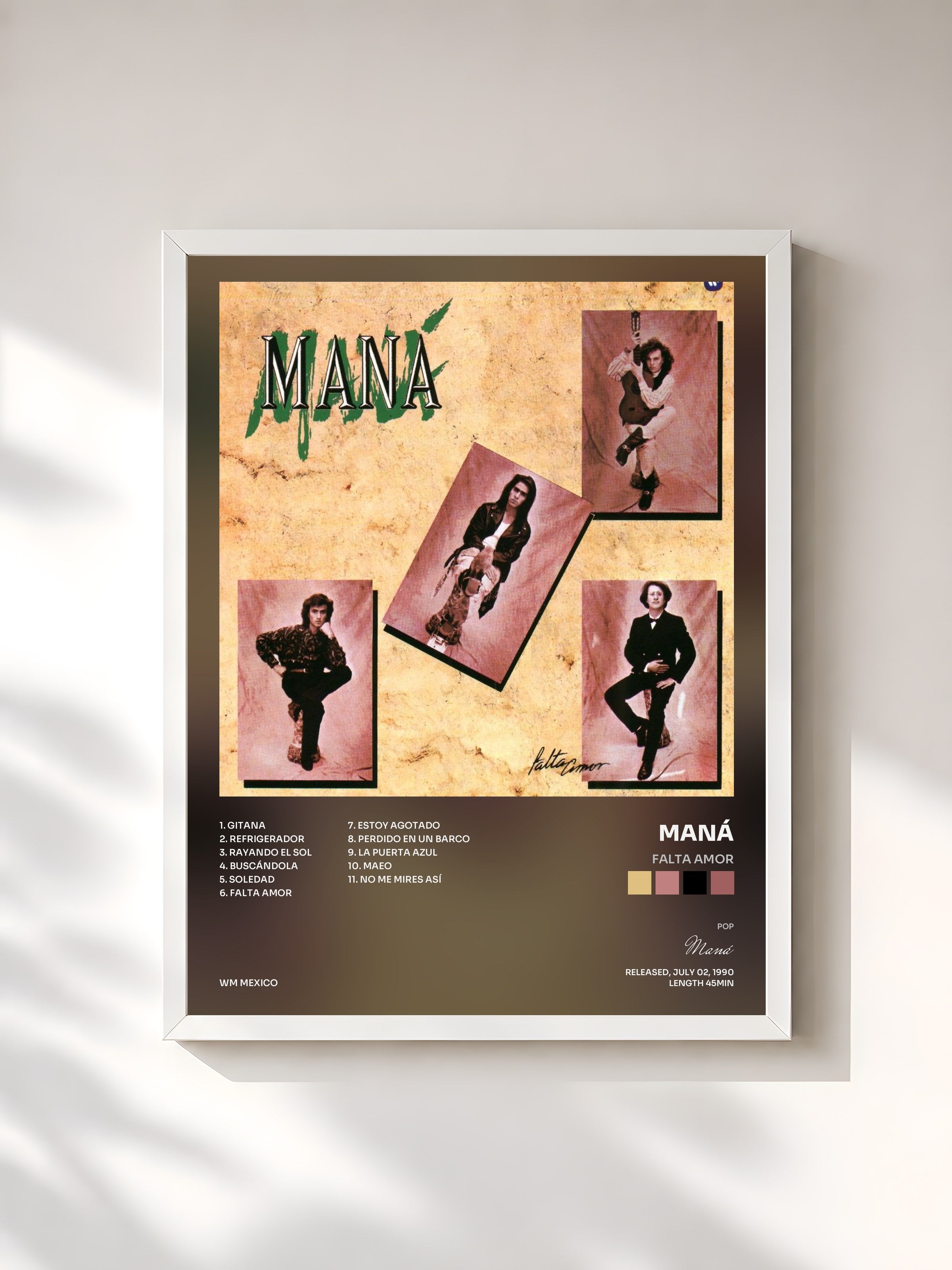 #blanc Tableau de l'album Falta Amor de Maná, cadre blanc, imprimé et encadré en France