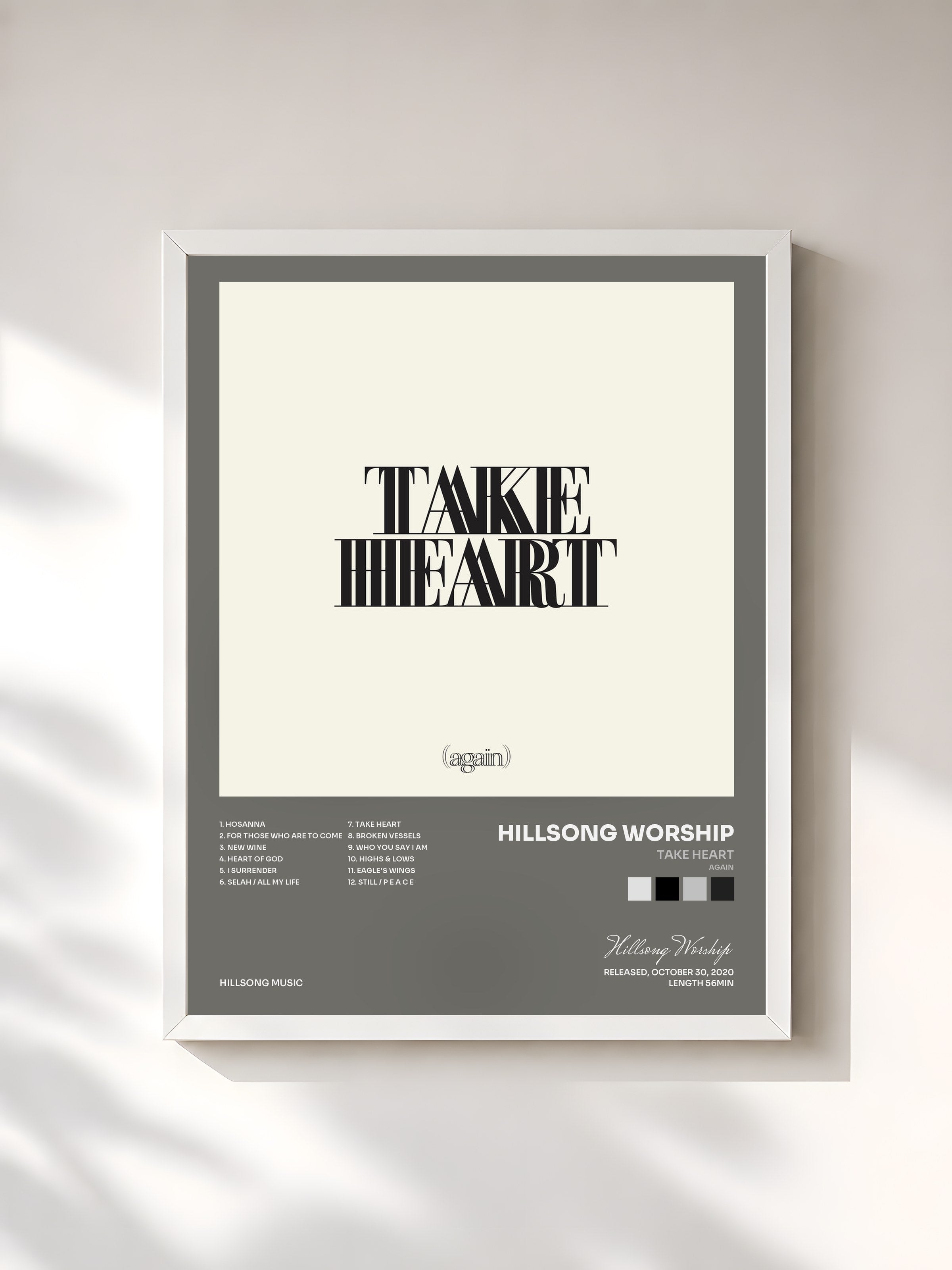 #blanc Tableau de l'album Take Heart (Again) de Hillsong Worship, cadre blanc, imprimé et encadré en France