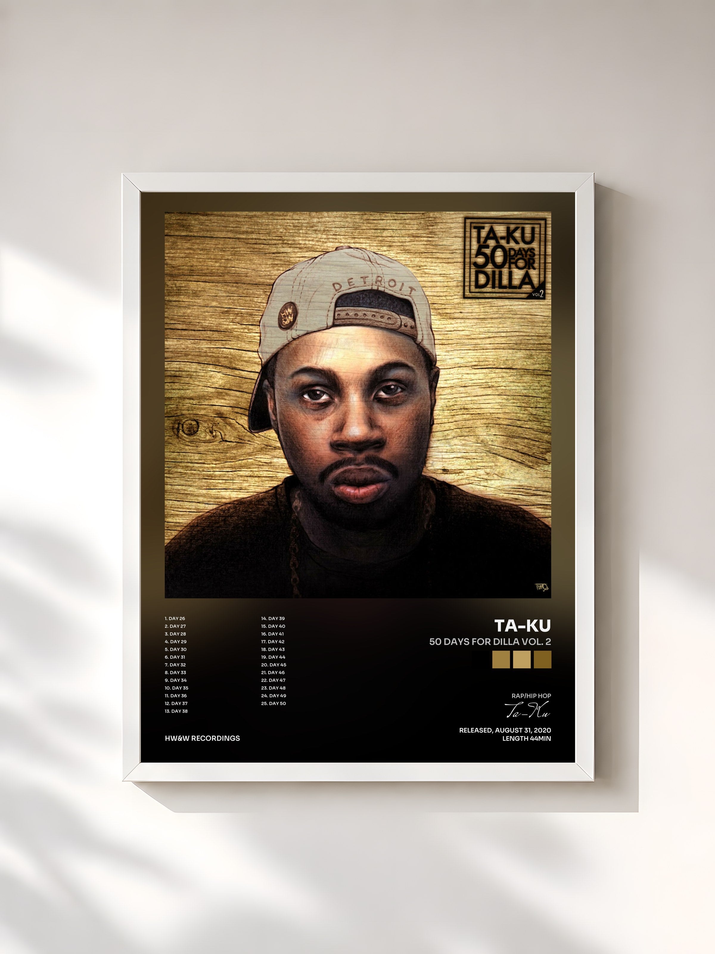 #blanc Tableau de l'album 50 Days For Dilla Vol. 2 de Ta-Ku, cadre blanc, imprimé et encadré en France