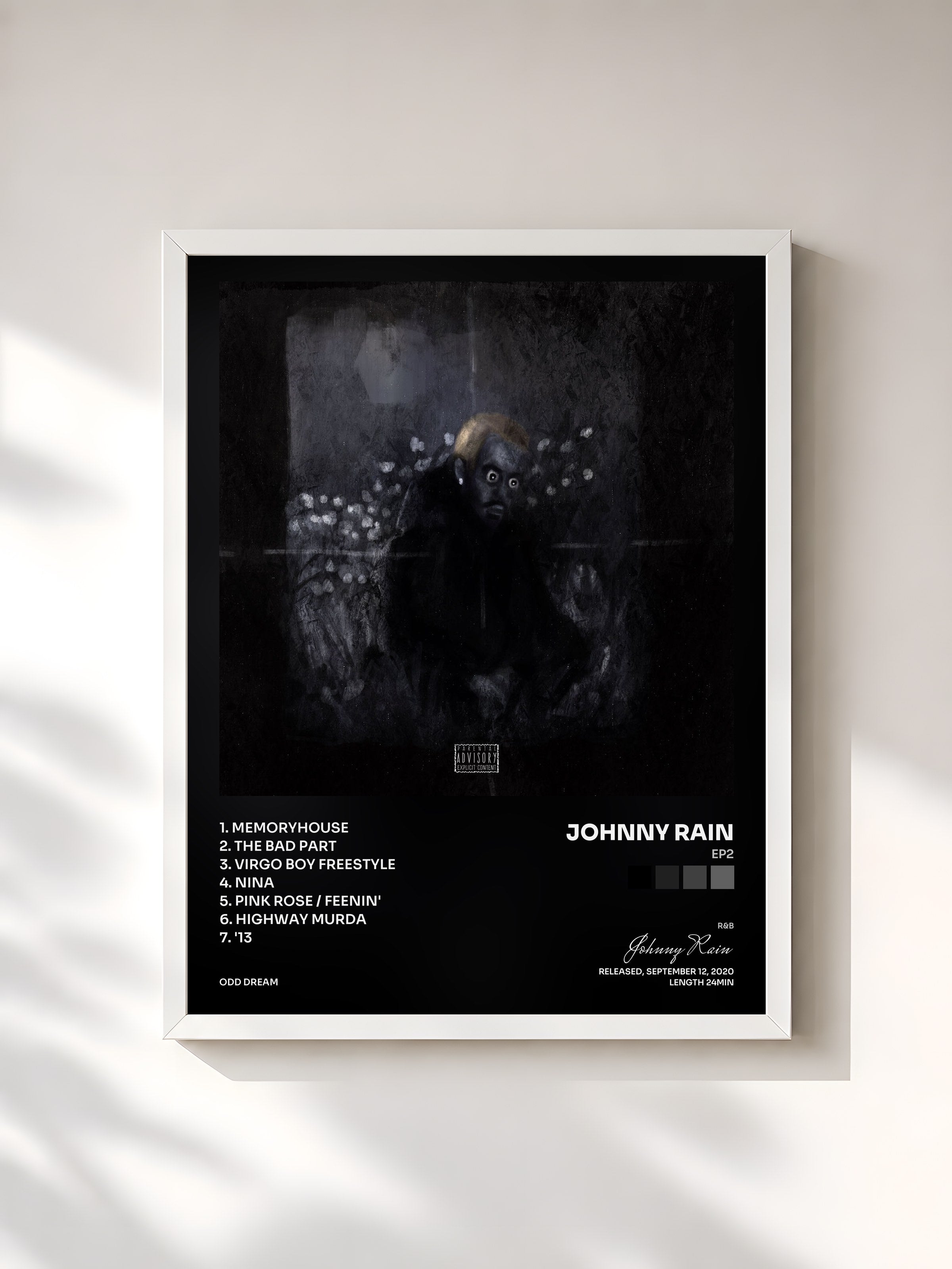 #blanc Tableau de l'album EP2 de Johnny Rain, cadre blanc, imprimé et encadré en France