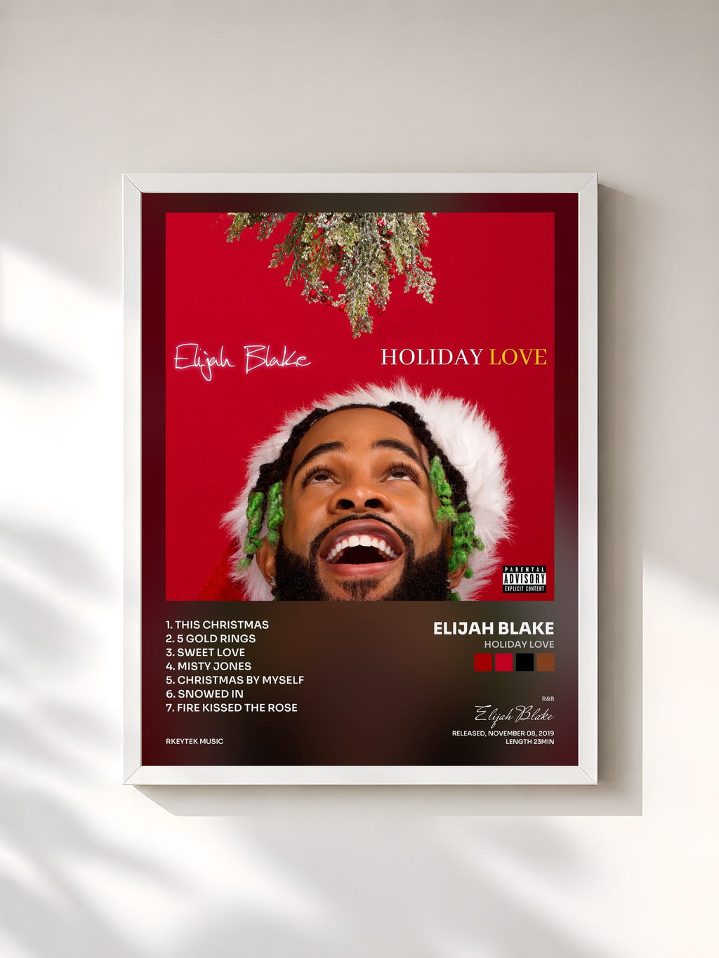 #blanc Tableau de l'album Holiday Love de Elijah Blake, cadre blanc, imprimé et encadré en France