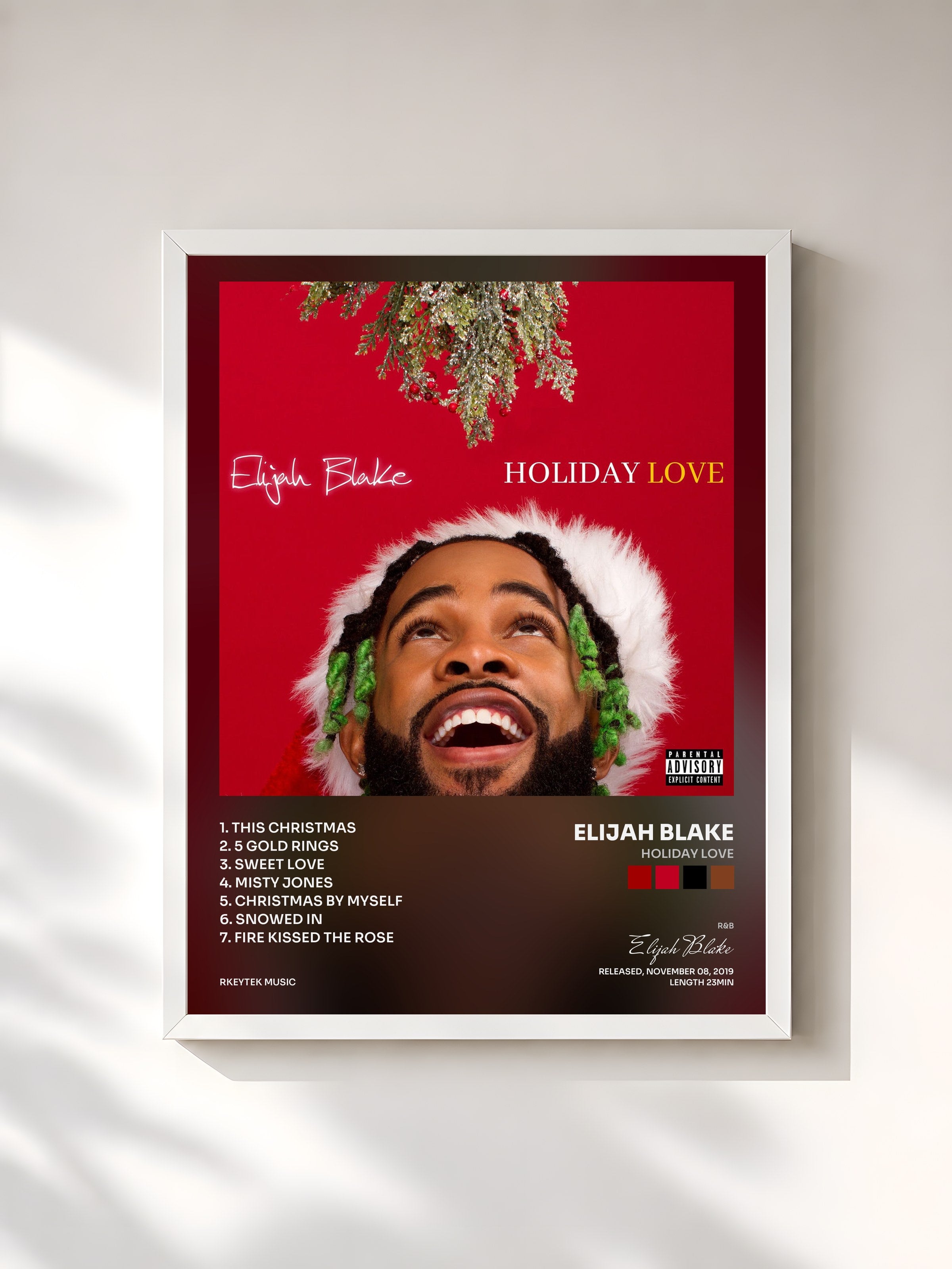 #blanc Tableau de l'album Holiday Love de Elijah Blake, cadre blanc, imprimé et encadré en France