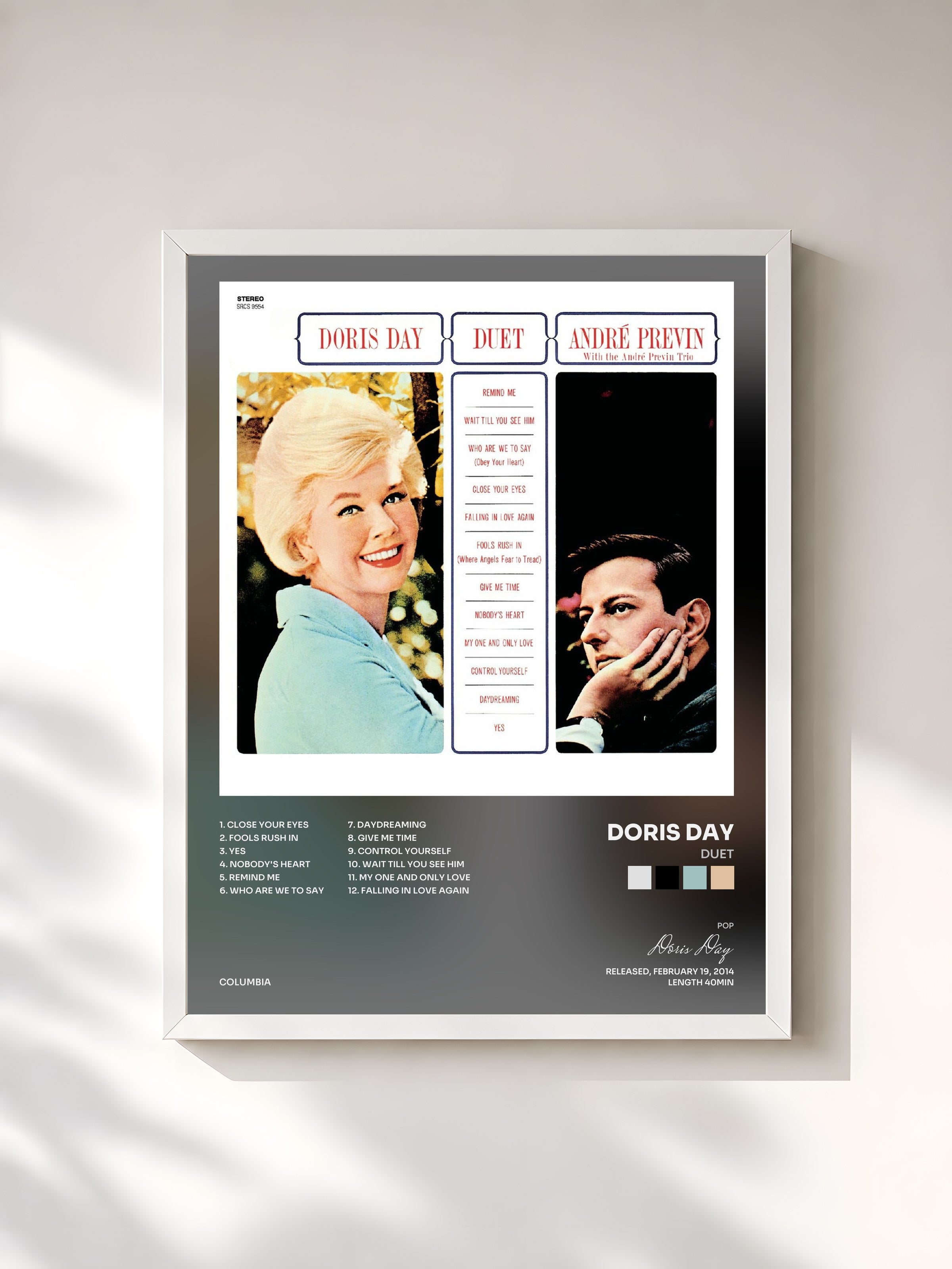 #blanc Tableau de l'album Duet de Doris Day, cadre blanc, imprimé et encadré en France