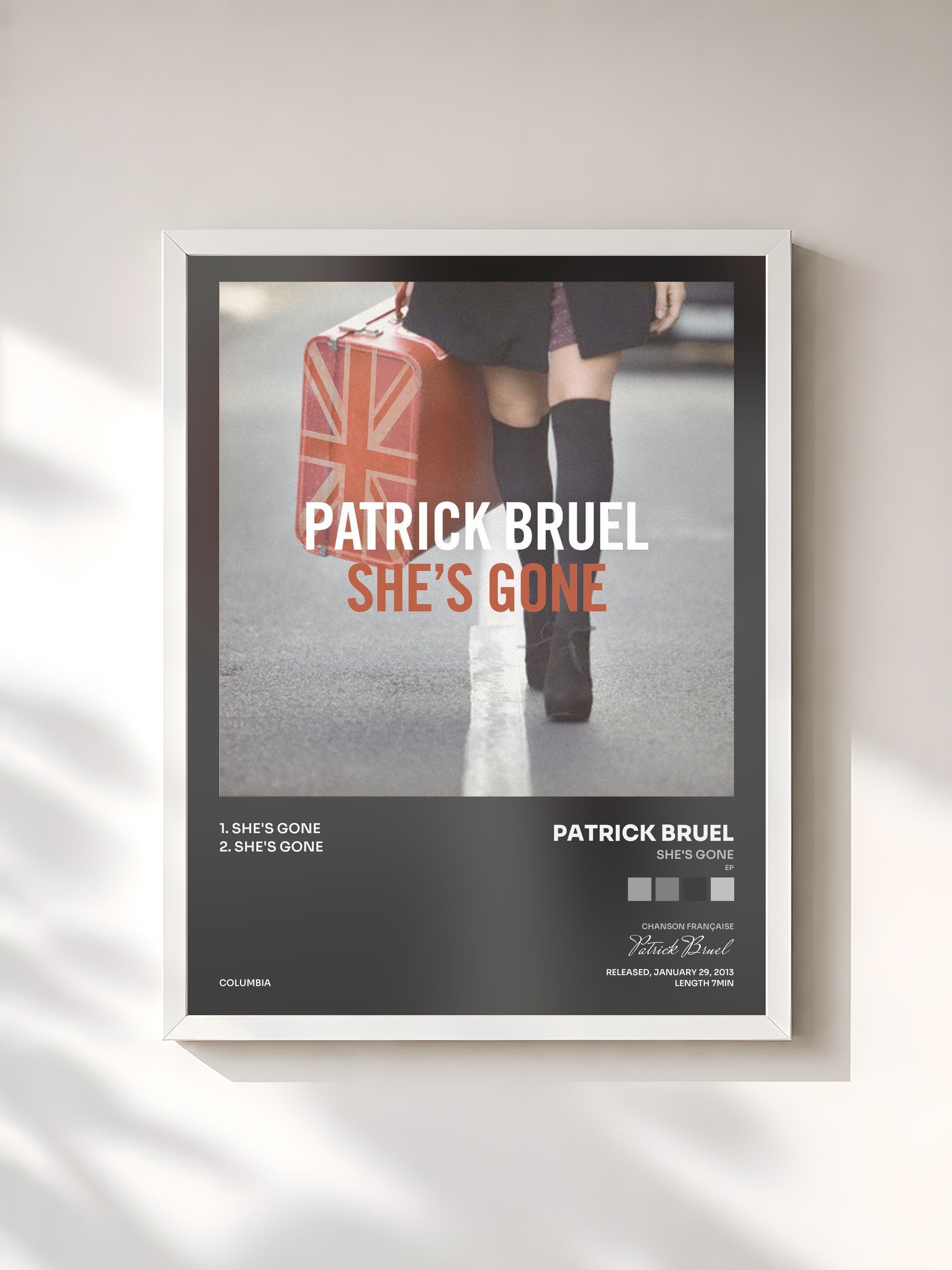 #blanc Tableau de l'album She's Gone (EP) de Patrick Bruel, cadre blanc, imprimé et encadré en France
