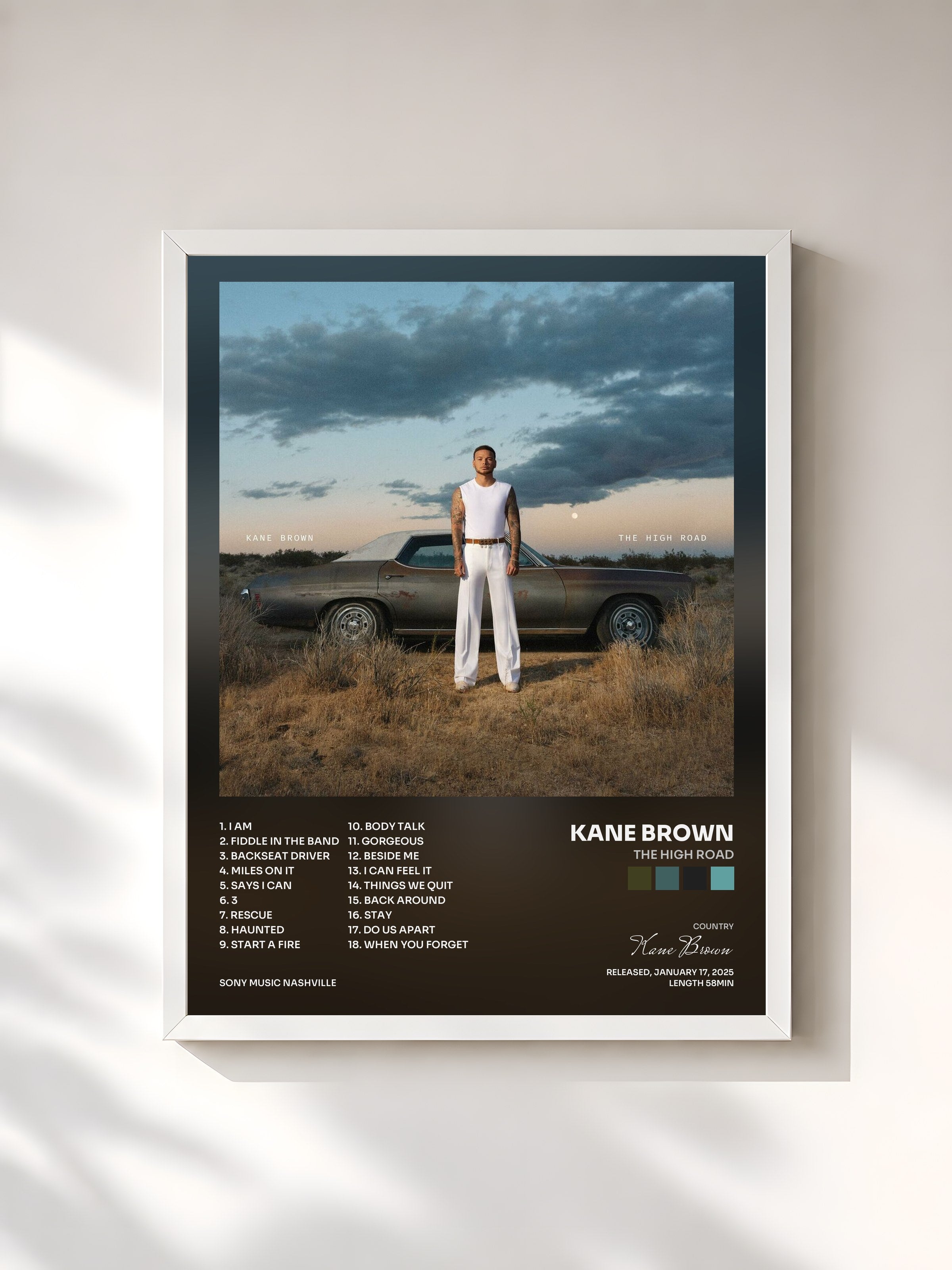 #blanc Tableau de l'album The High Road de Kane Brown, cadre blanc, imprimé et encadré en France