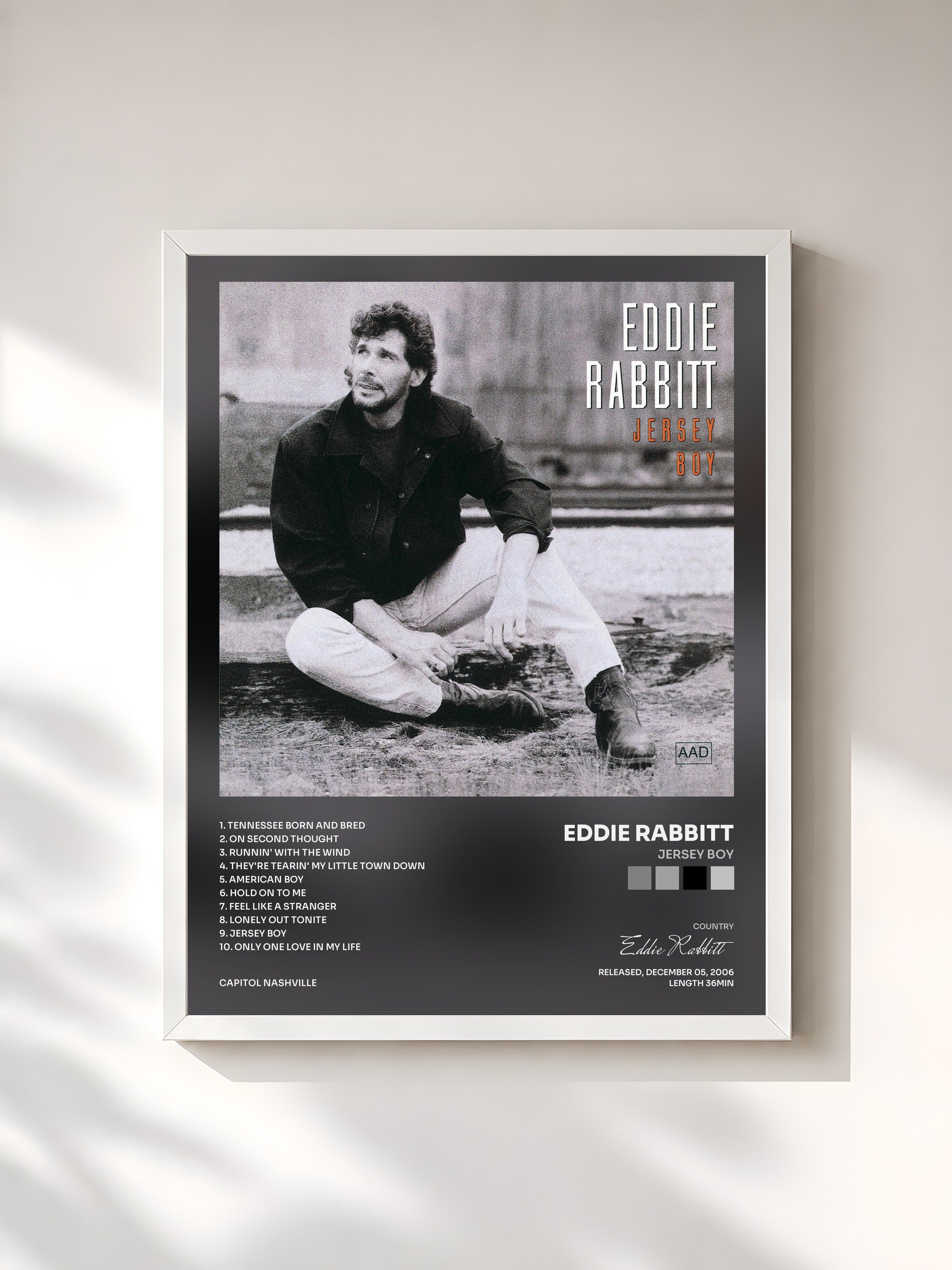 #blanc Tableau de l'album Jersey Boy de Eddie Rabbitt, cadre blanc, imprimé et encadré en France