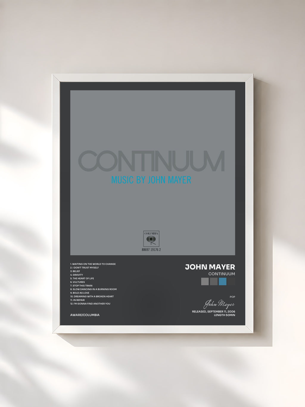 #blanc Tableau de l'album Continuum de John Mayer, cadre blanc, imprimé et encadré en France