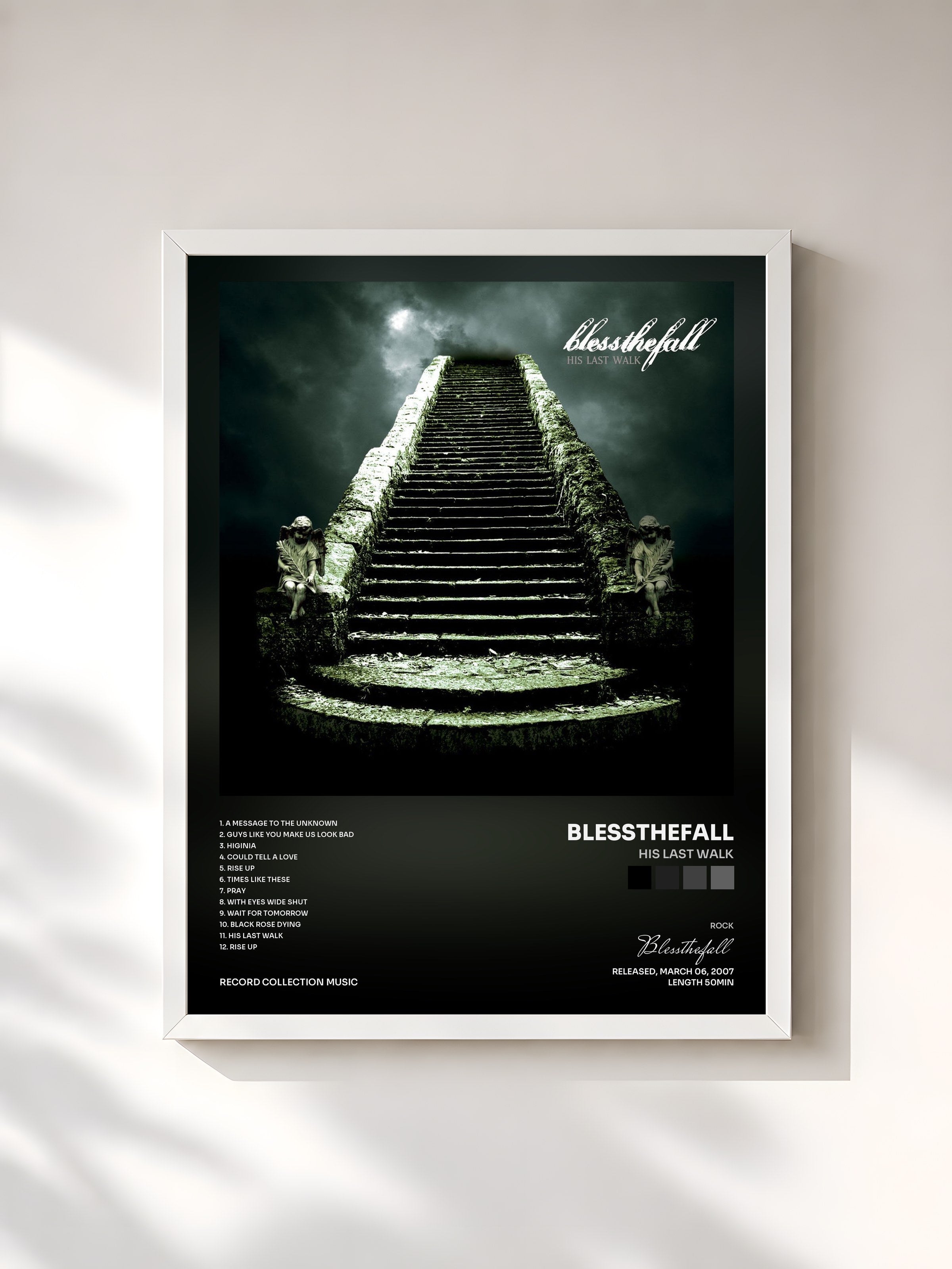 #blanc Tableau de l'album His Last Walk de Blessthefall, cadre blanc, imprimé et encadré en France