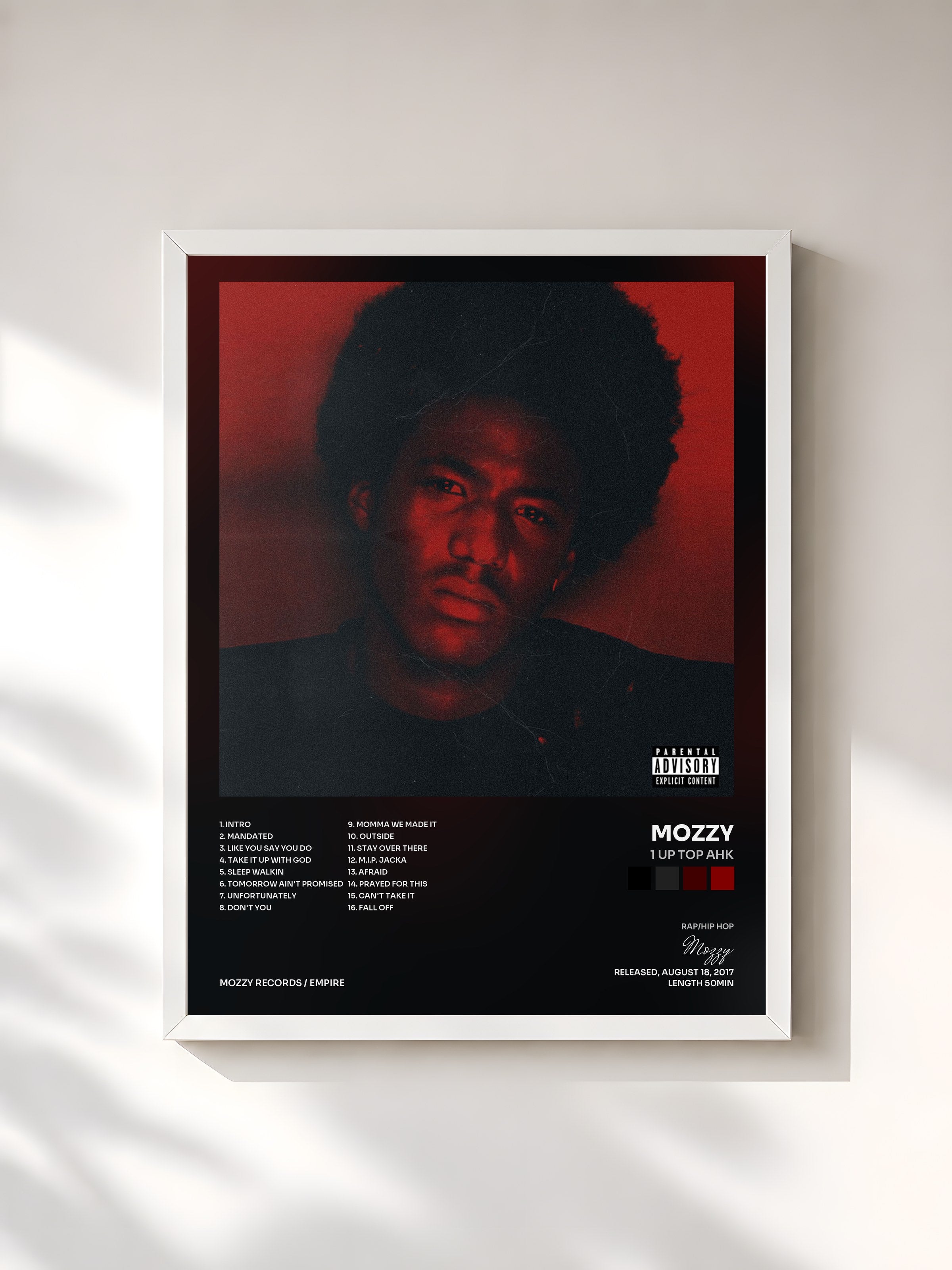 #blanc Tableau de l'album 1 Up Top Ahk de Mozzy, cadre blanc, imprimé et encadré en France