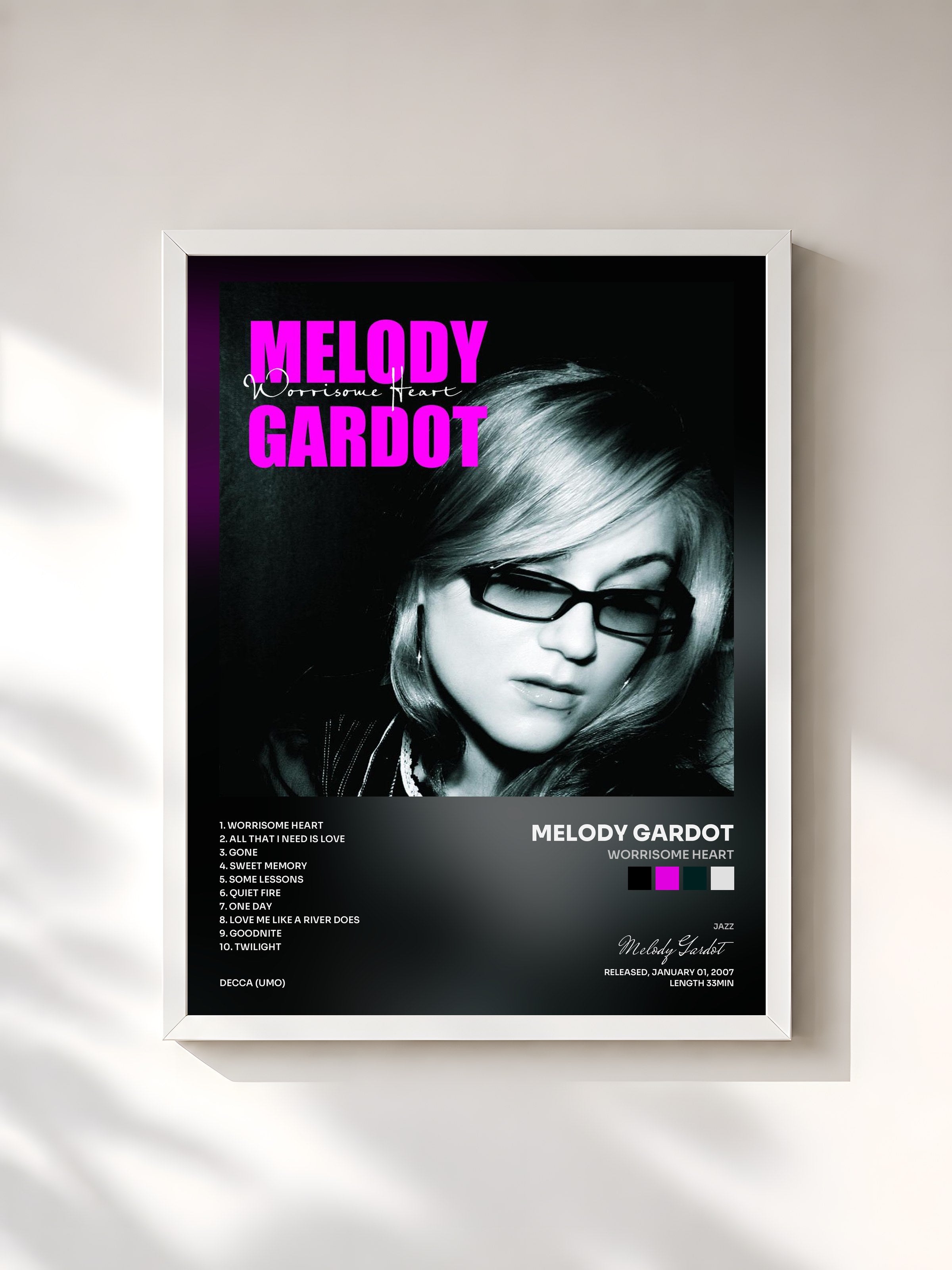 #blanc Tableau de l'album Worrisome Heart de Melody Gardot, cadre blanc, imprimé et encadré en France